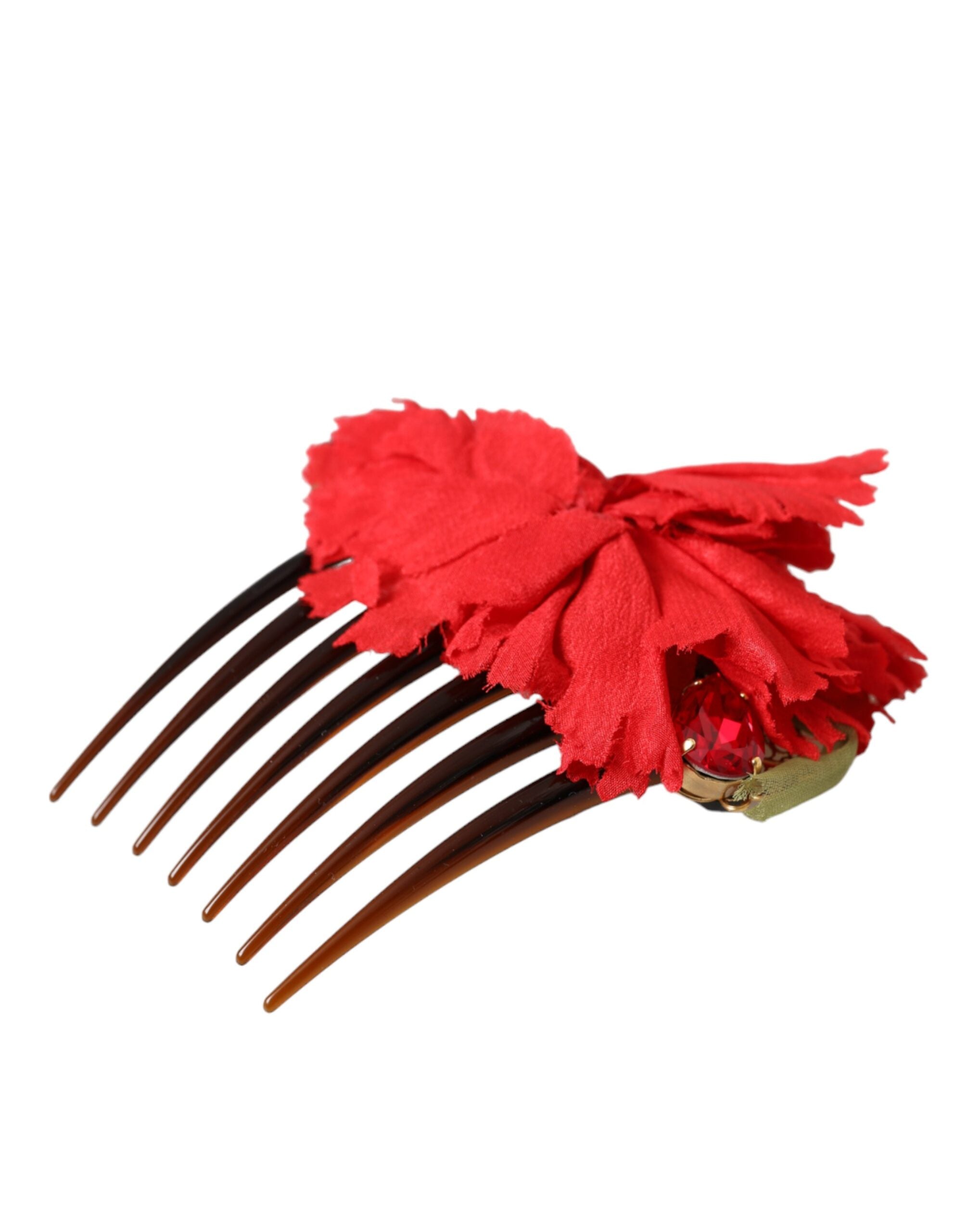 Dolce & Gabbana Red Silk Floral Gold Brass Women's Hair Comb-2