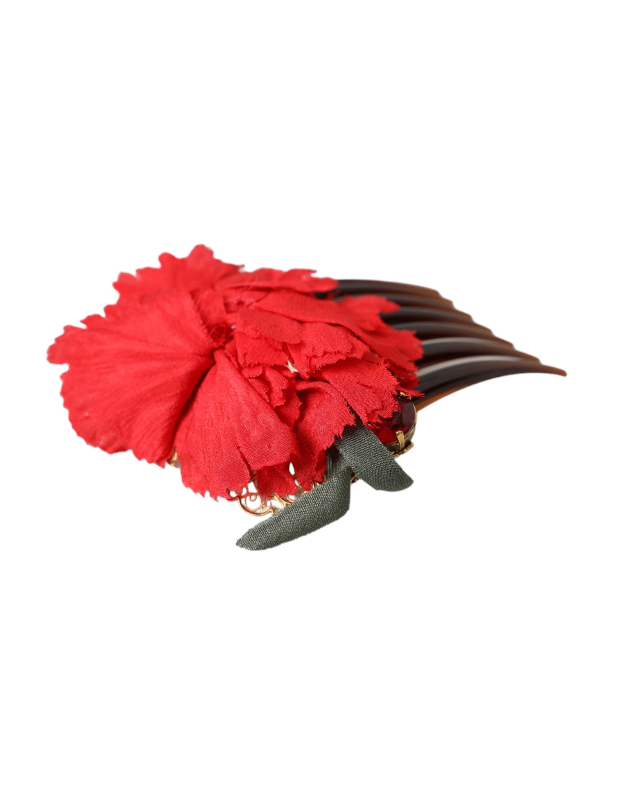 Dolce & Gabbana Red Silk Floral Gold Brass Women's Hair Comb-3