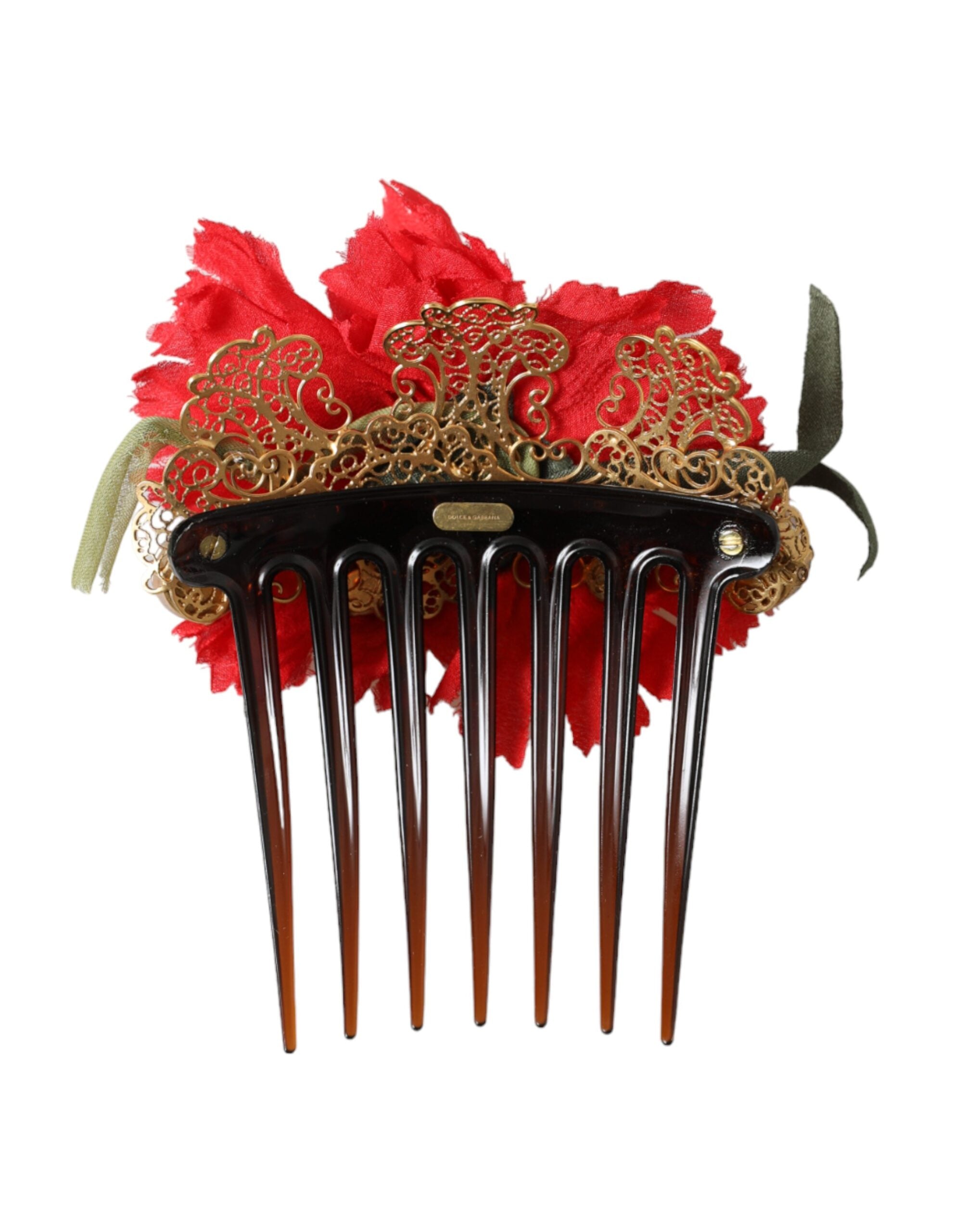 Dolce & Gabbana Red Silk Floral Gold Brass Women's Hair Comb-4