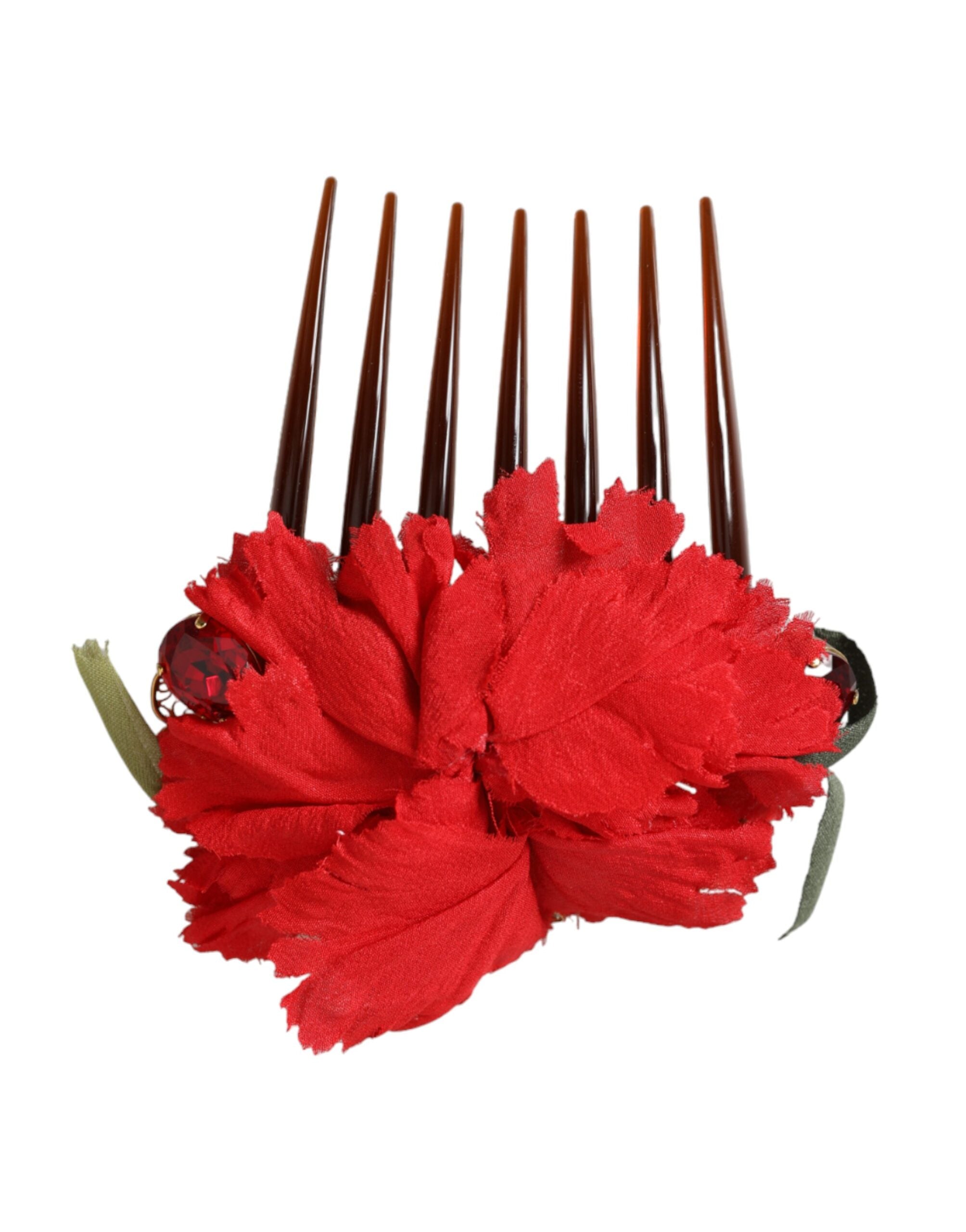Dolce & Gabbana Red Silk Floral Gold Brass Women's Hair Comb-1