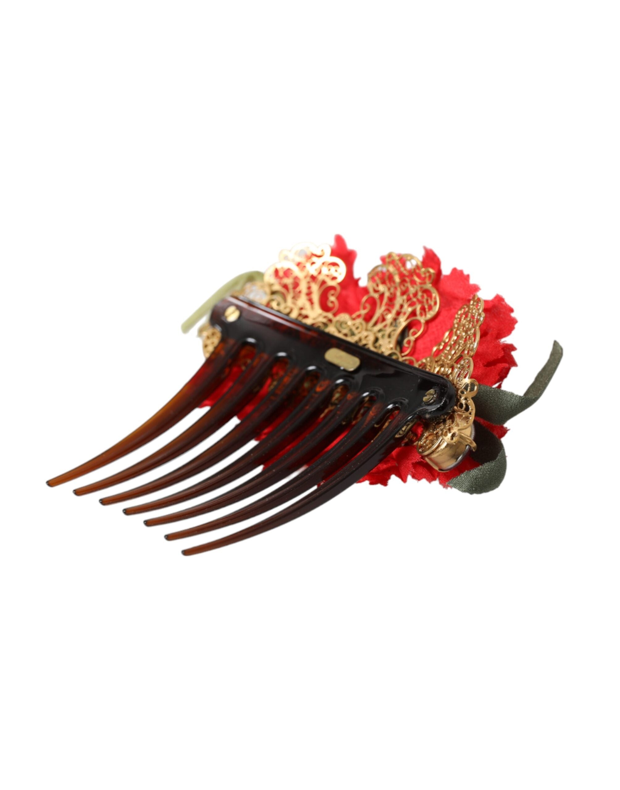 Dolce & Gabbana Red Silk Floral Gold Brass Women's Hair Comb-6