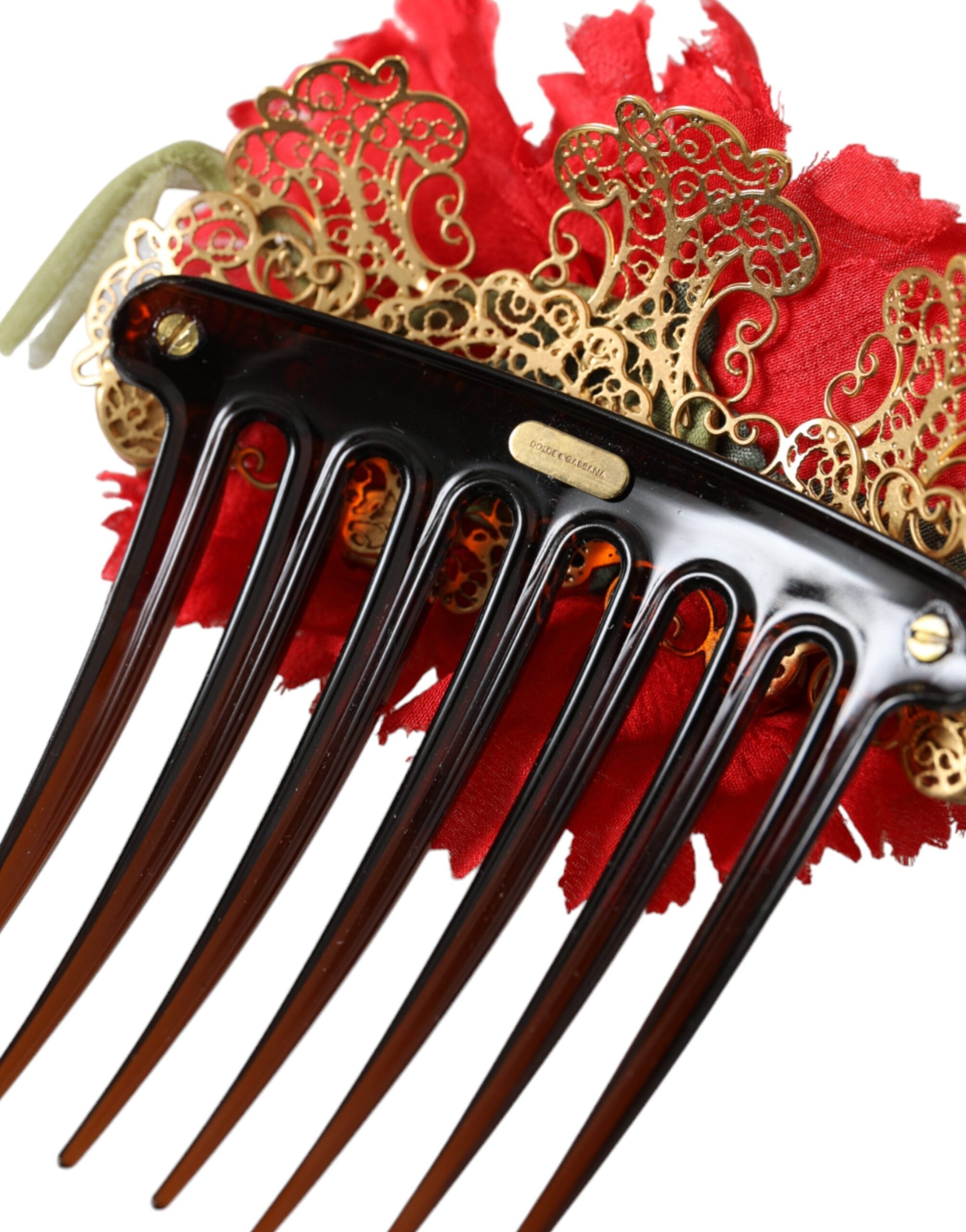 Dolce & Gabbana Red Silk Floral Gold Brass Women's Hair Comb-7