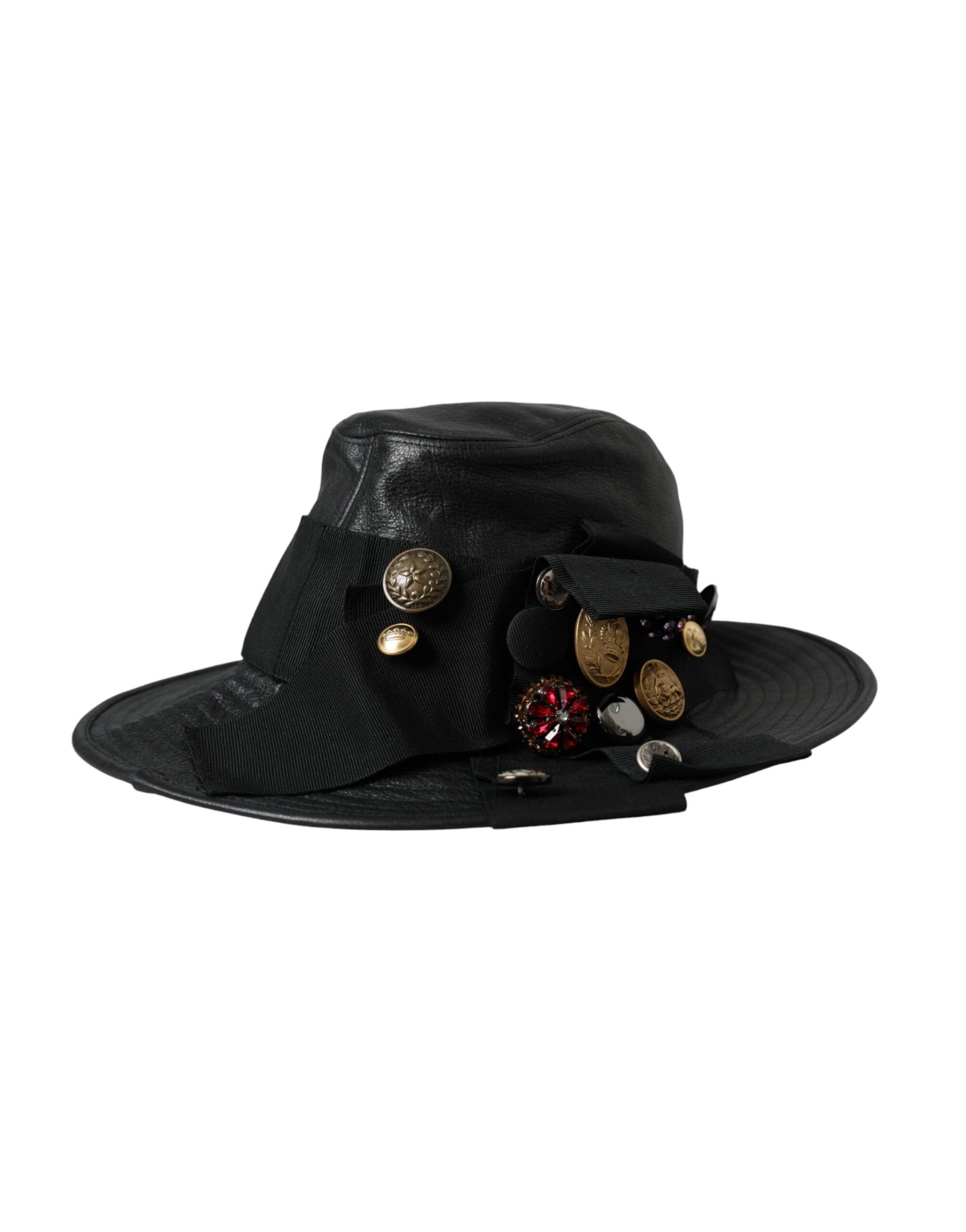 Dolce & Gabbana Schwarzes Leder DG Münze Kristall breite Krempe Hut-2
