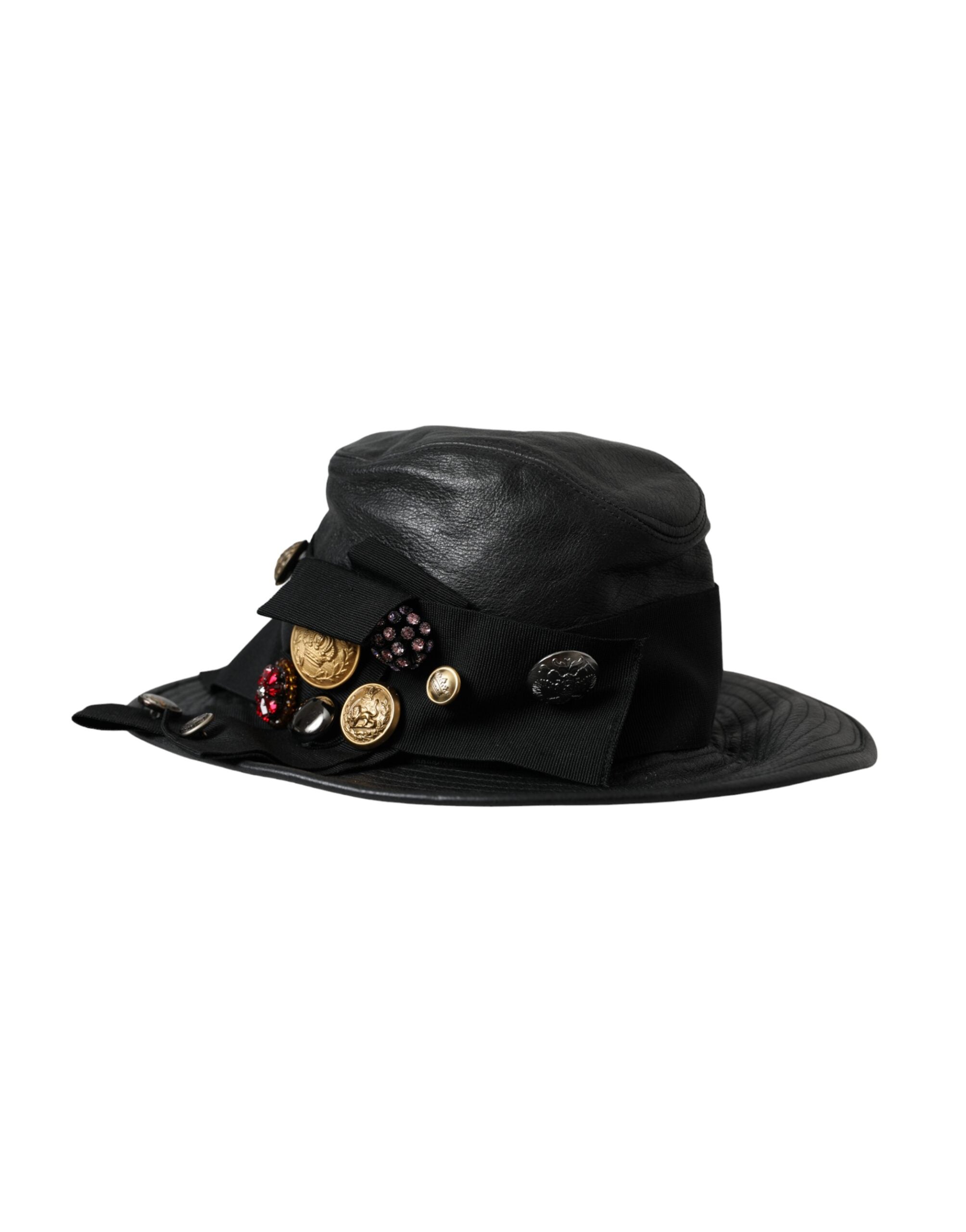 Dolce & Gabbana Schwarzes Leder DG Münze Kristall breite Krempe Hut-3