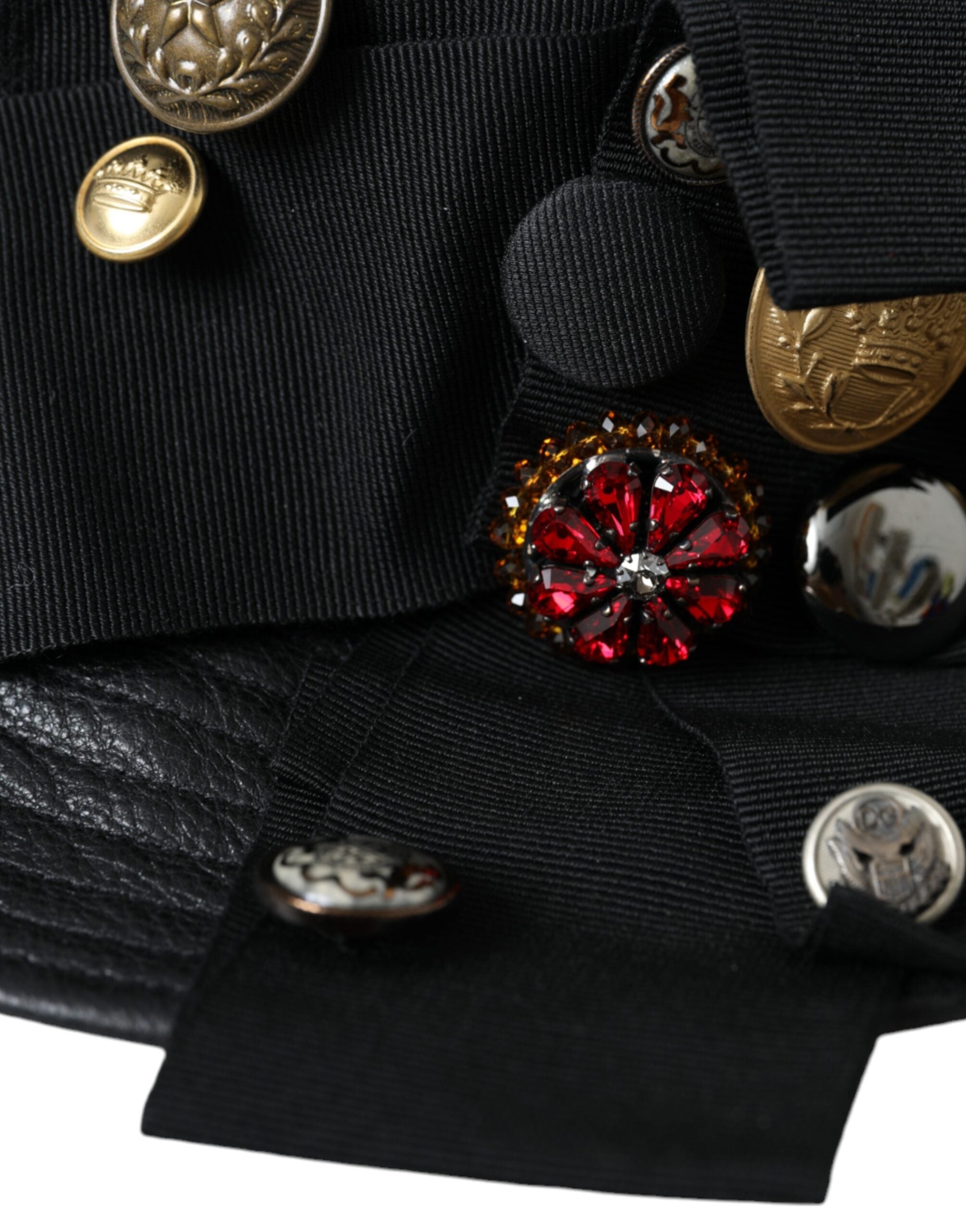 Dolce & Gabbana Schwarzes Leder DG Münze Kristall breite Krempe Hut-5