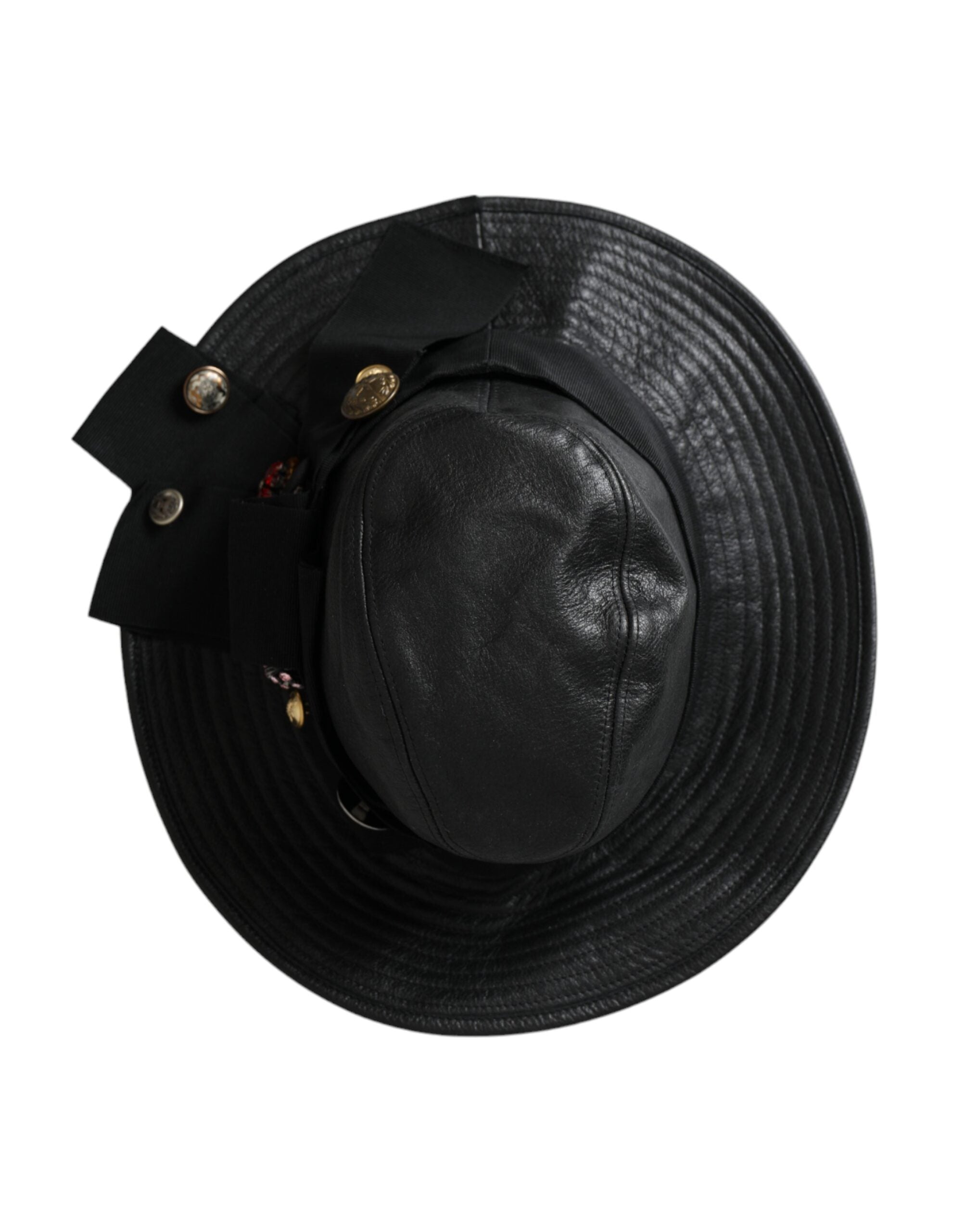 Dolce & Gabbana Schwarzes Leder DG Münze Kristall breite Krempe Hut-6