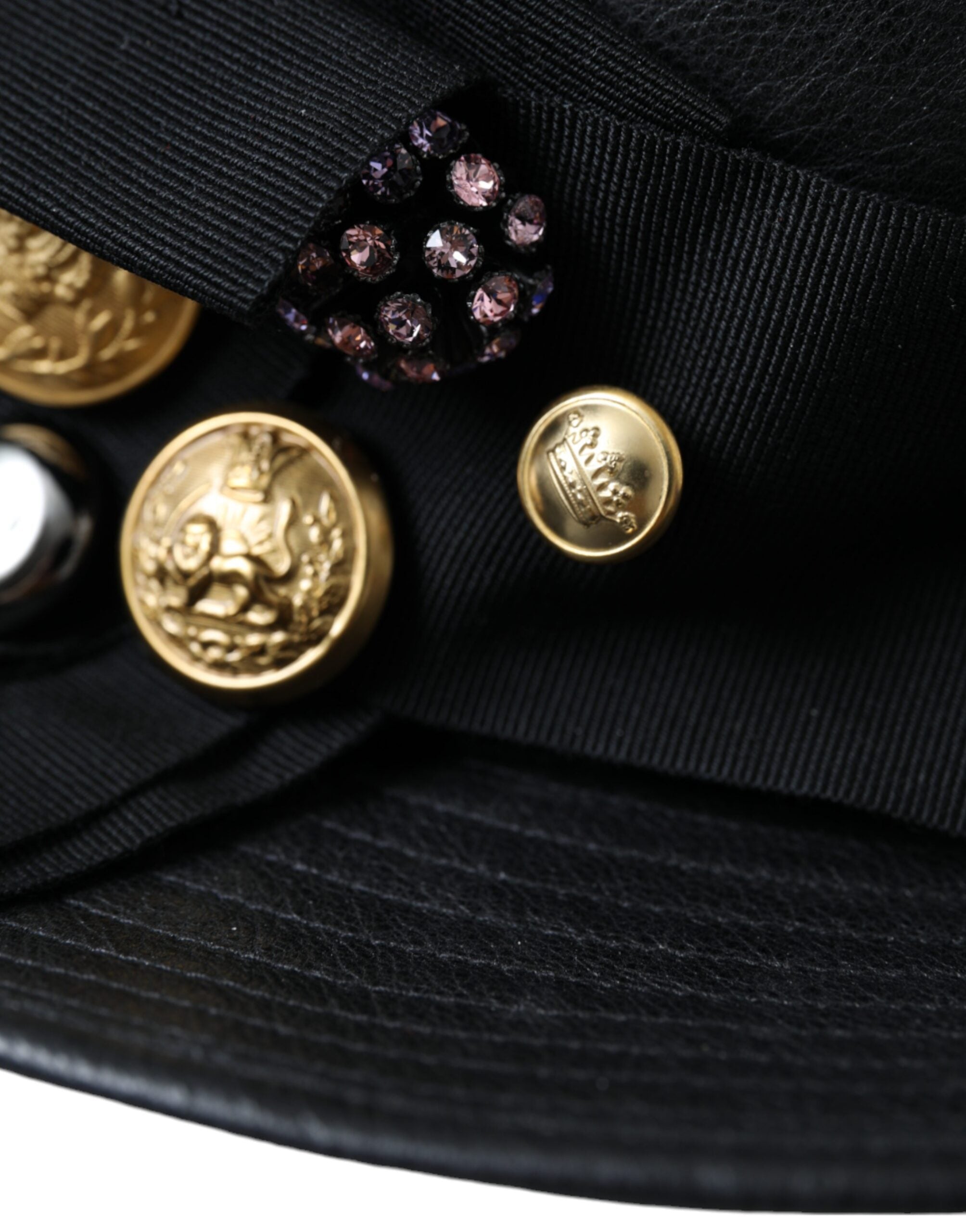 Dolce & Gabbana Schwarzes Leder DG Münze Kristall breite Krempe Hut-7