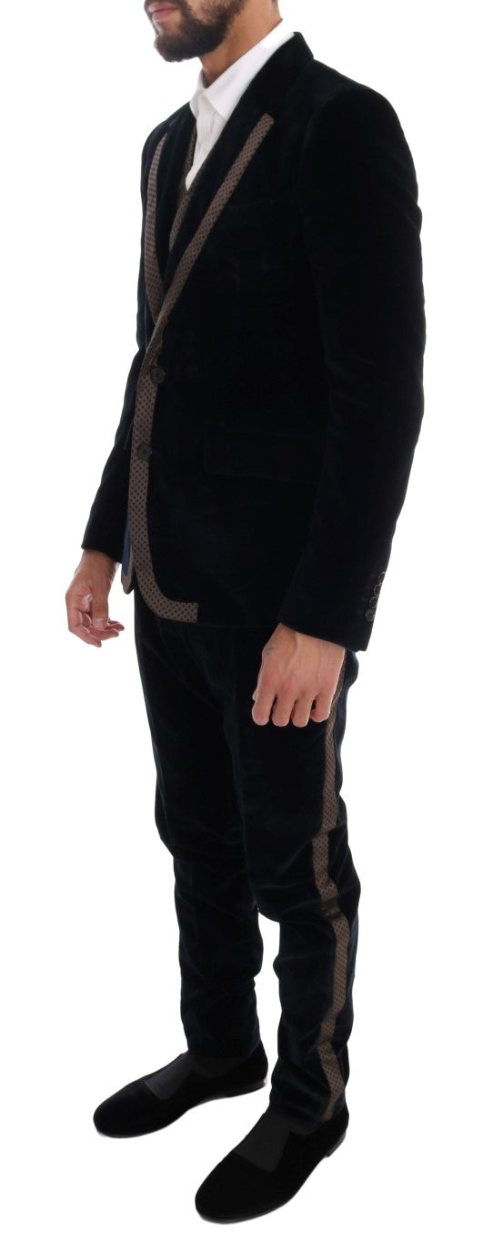 Dolce & Gabbana Blauer Samtanzug mit zwei Knöpfen, schlank, 3-teilig-2