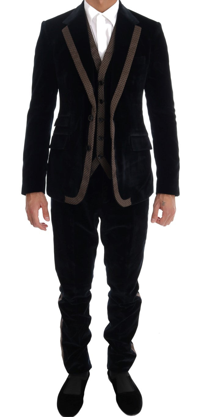 Dolce & Gabbana Blauer Samtanzug mit zwei Knöpfen, schlank, 3-teilig-7