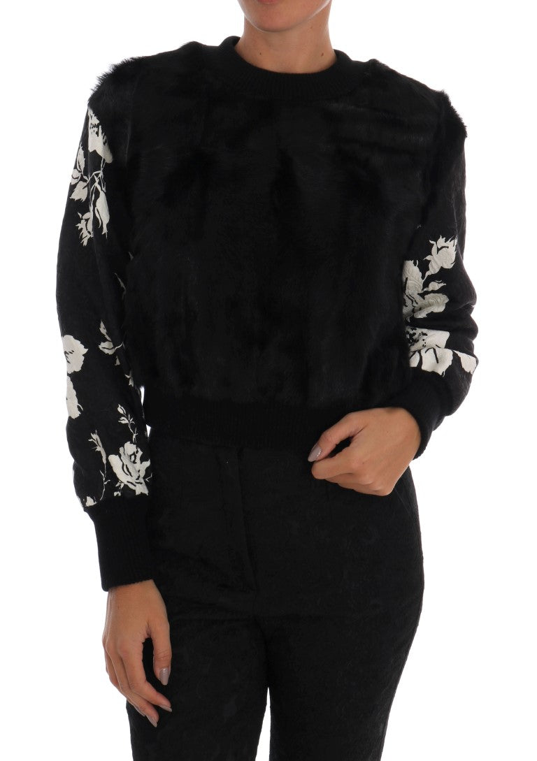 Dolce & Gabbana Schwarzer Pelz Floral Brokat Zipper Pullover-1