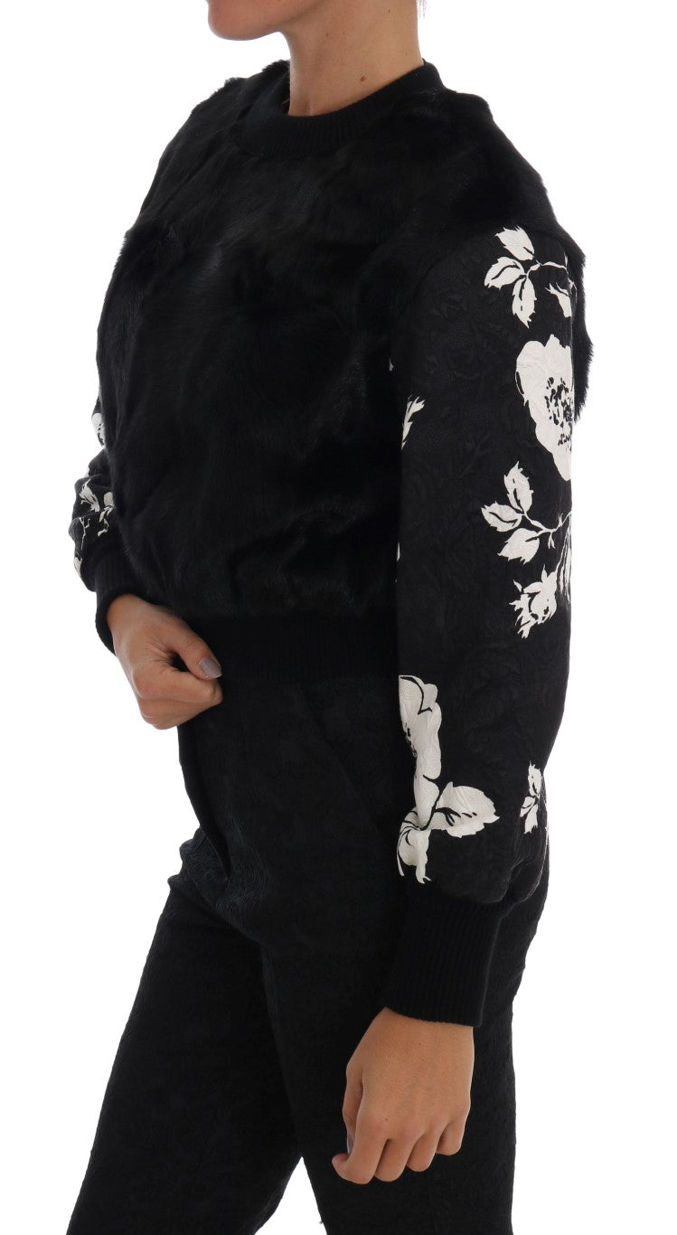 Dolce & Gabbana Schwarzer Pelz Floral Brokat Zipper Pullover-2