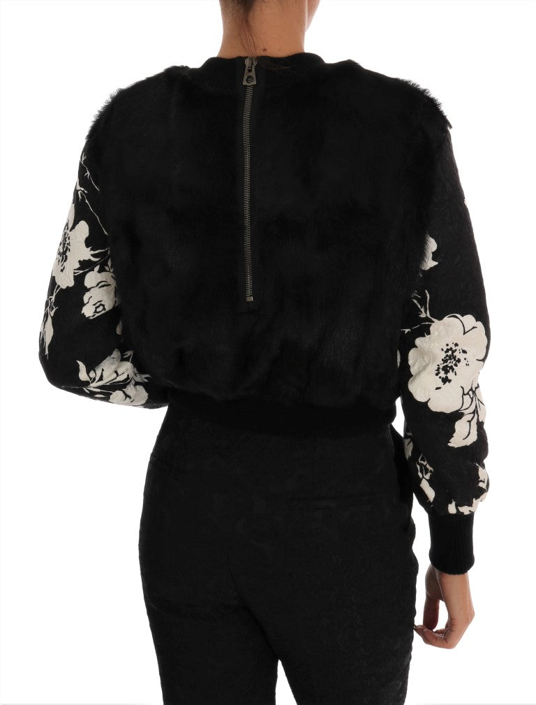 Dolce & Gabbana Schwarzer Pelz Floral Brokat Zipper Pullover-3