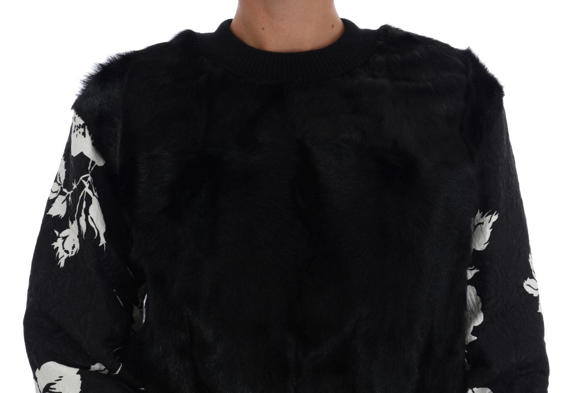 Dolce & Gabbana Schwarzer Pelz Floral Brokat Zipper Pullover-4