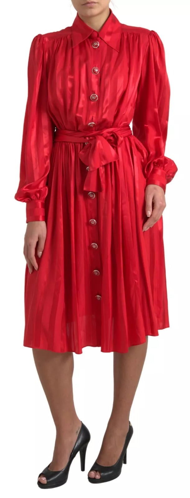 Vestido midi rojo Dolce & Gabbana con cinturón y tapeta de botones en satén y seda-2