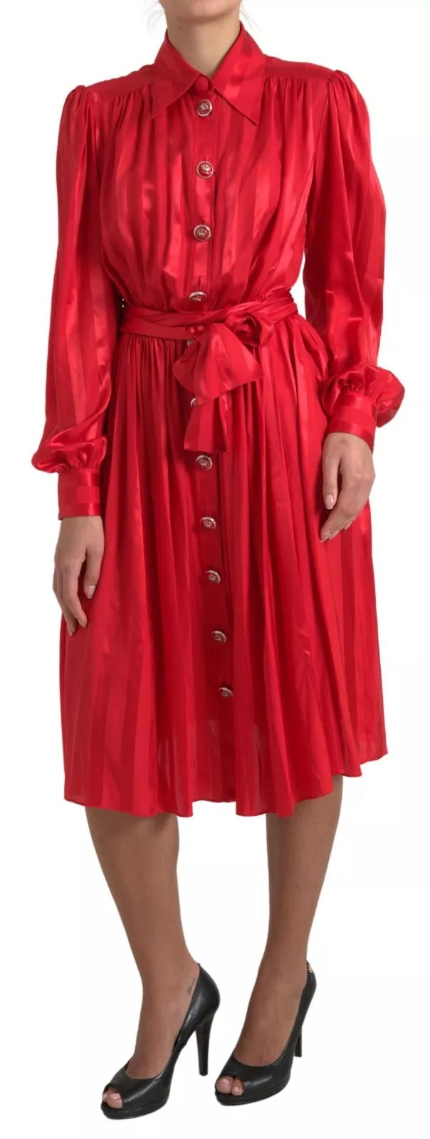 Vestido midi rojo Dolce & Gabbana con cinturón y tapeta de botones en satén y seda-1