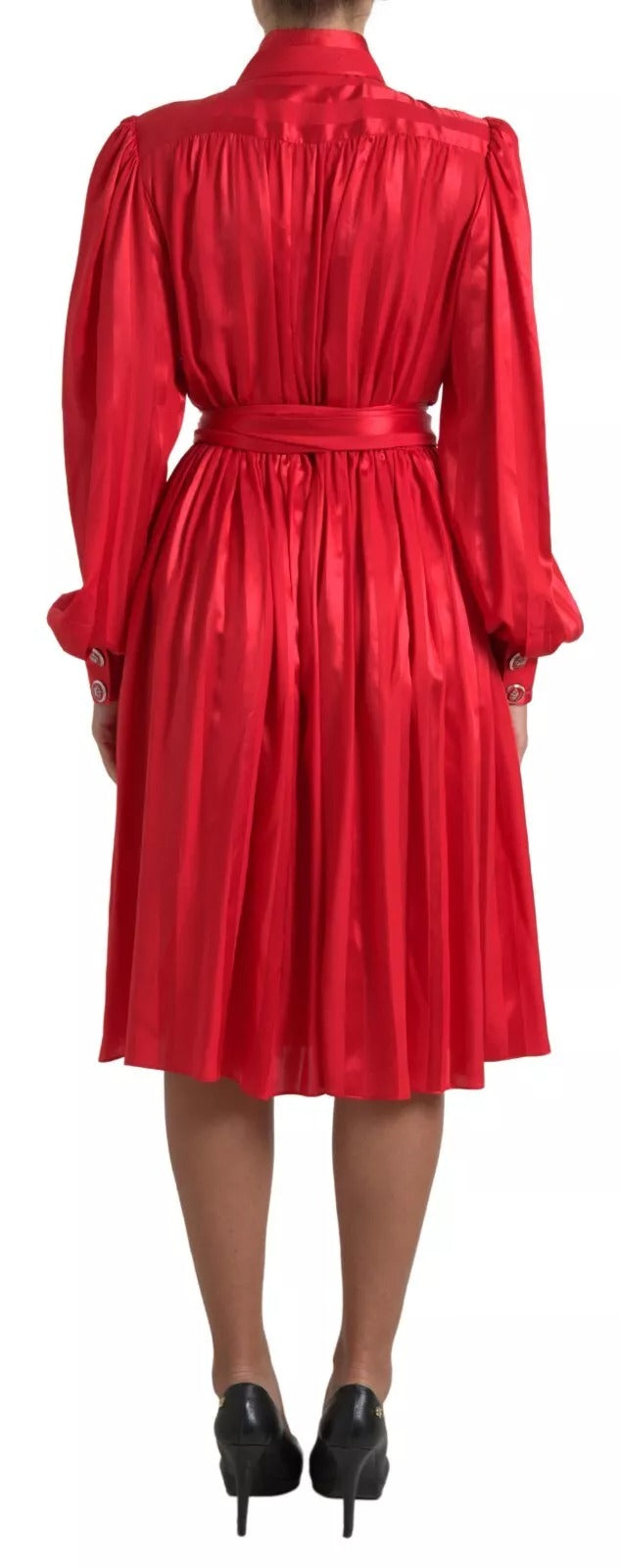 Vestido midi rojo Dolce & Gabbana con cinturón y tapeta de botones en satén y seda-4
