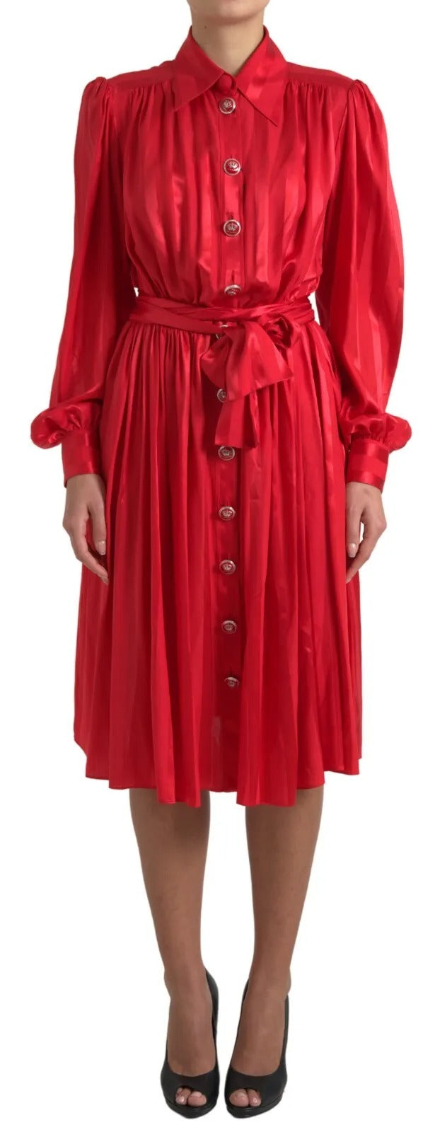 Vestido midi rojo Dolce & Gabbana con cinturón y tapeta de botones en satén y seda-3