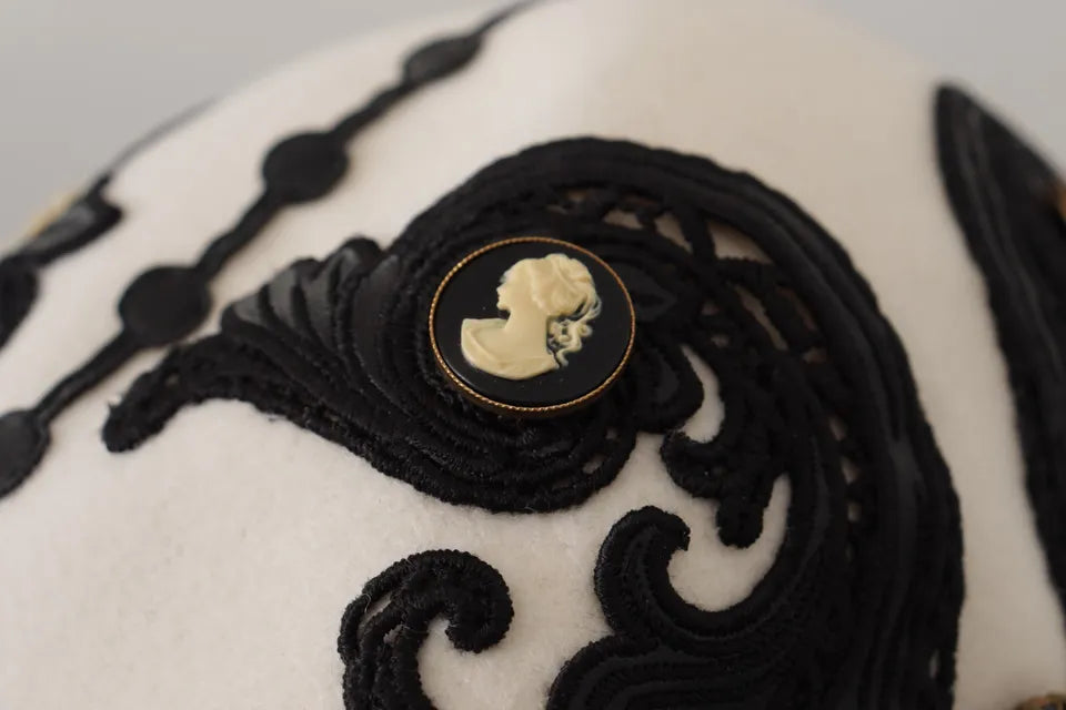 Sombrero con broche de camafeo bordado de lana blanca y negra de Dolce & Gabbana-5