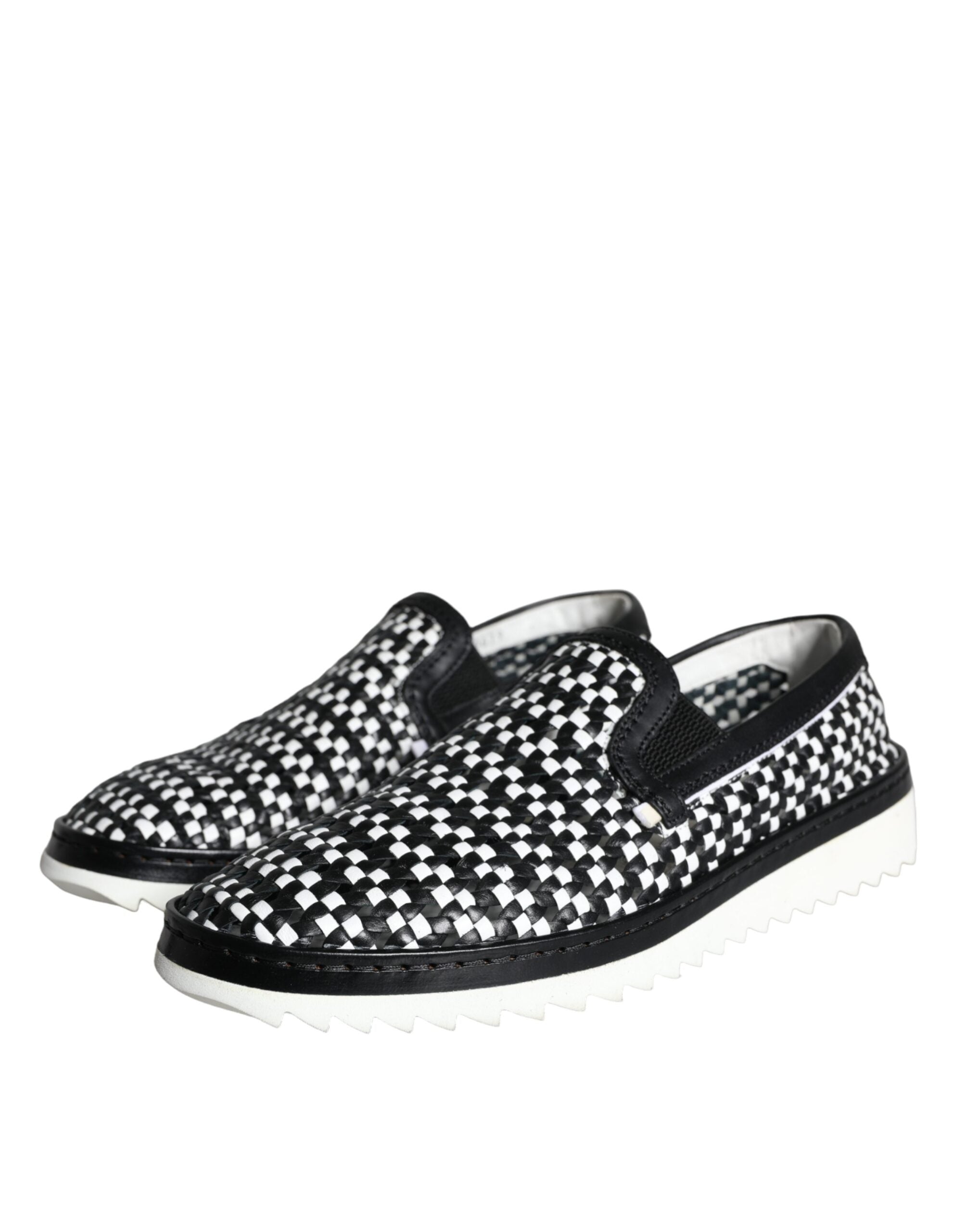 Dolce & Gabbana Black and White Weaved Slip-On Men's Loafers Shoes-3