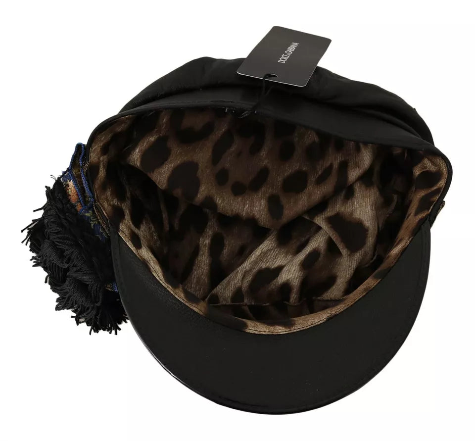 Dolce & Gabbana Black Leather Crystal Beads Gold Ribbon Fiddler Cap-3