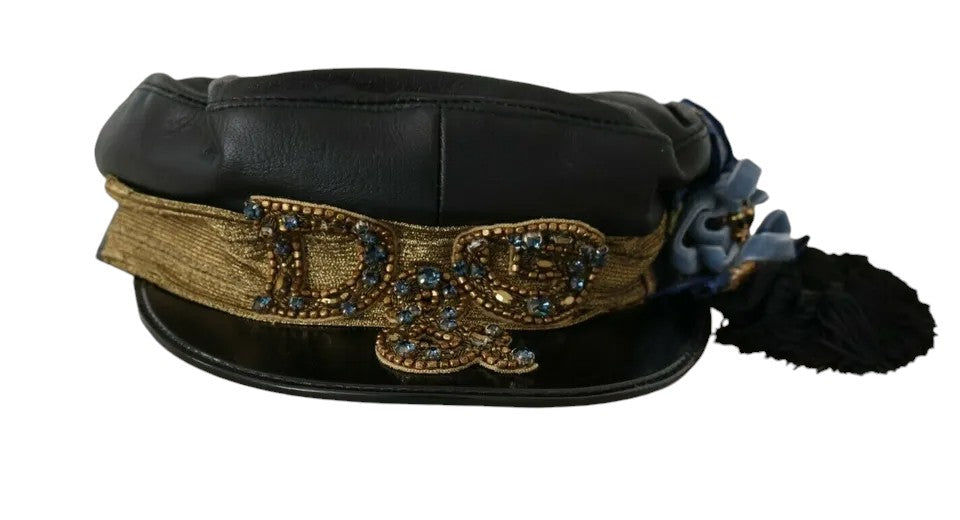Dolce & Gabbana Black Leather Crystal Beads Gold Ribbon Fiddler Cap-1