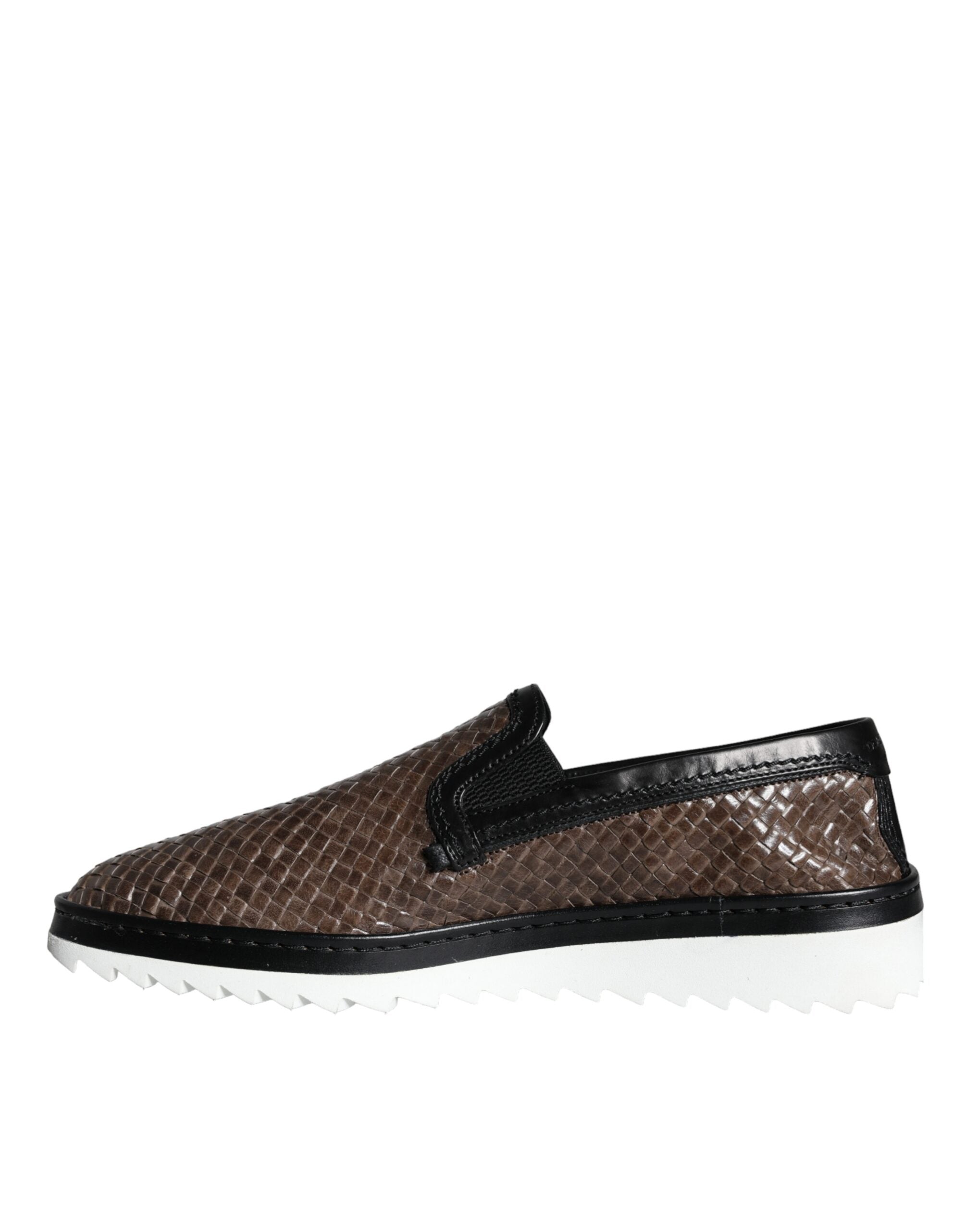 Dolce & Gabbana Brown Black Woven Leather Men's Loafers Shoes-5