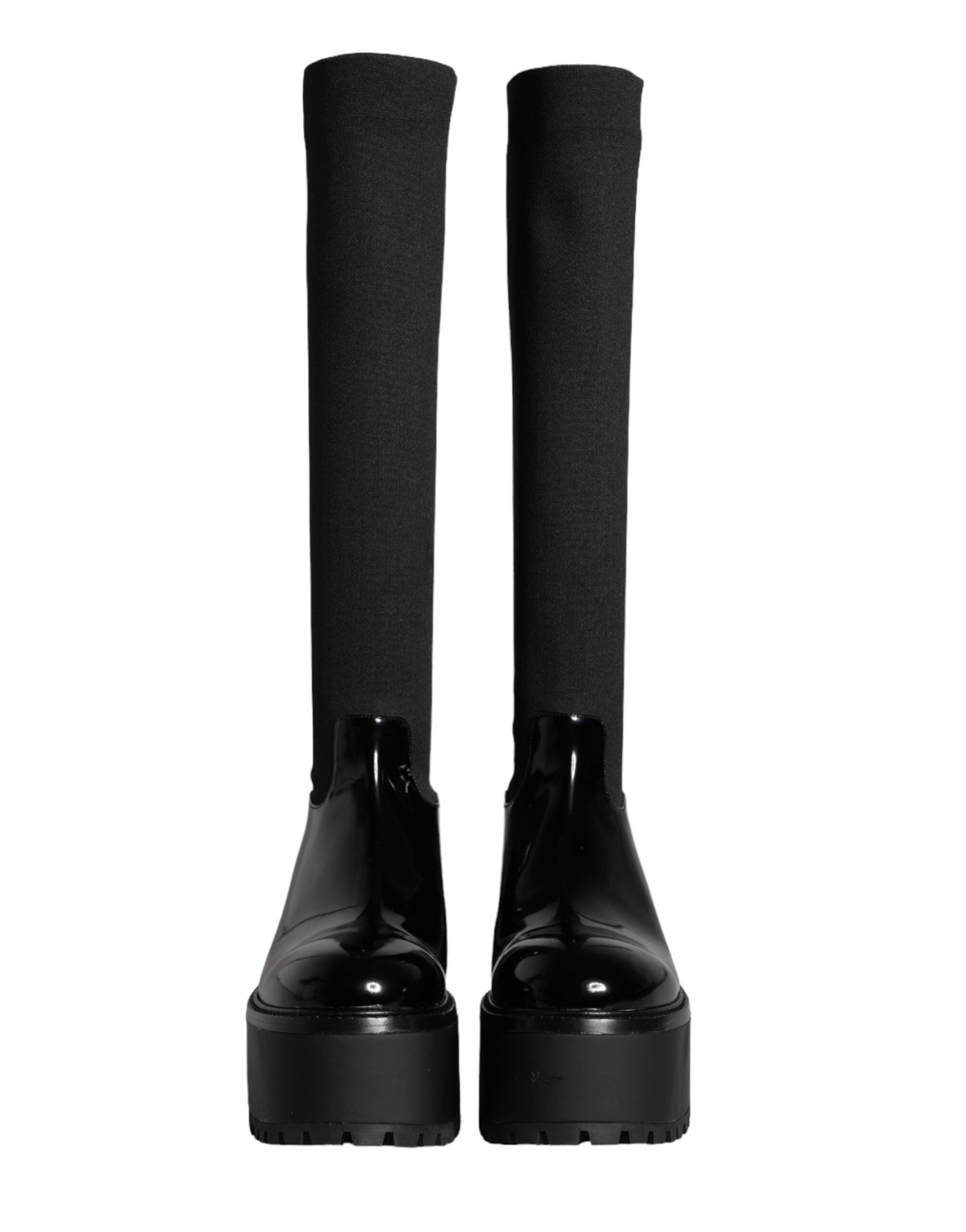 Dolce & Gabbana Black Leather Jersey Knee-High Boots Shoes-2