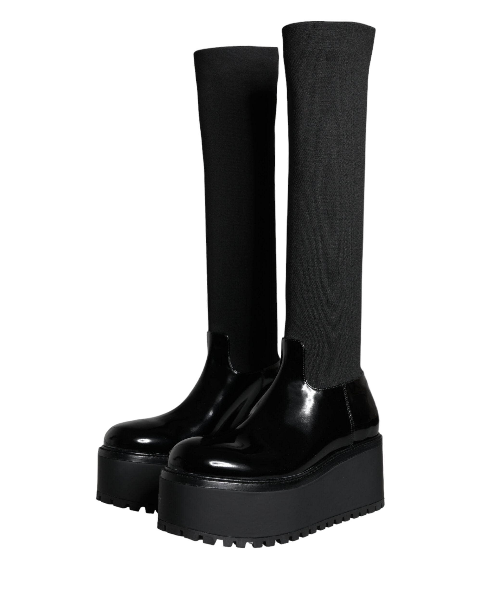 Dolce & Gabbana Black Leather Jersey Knee-High Boots Shoes-3
