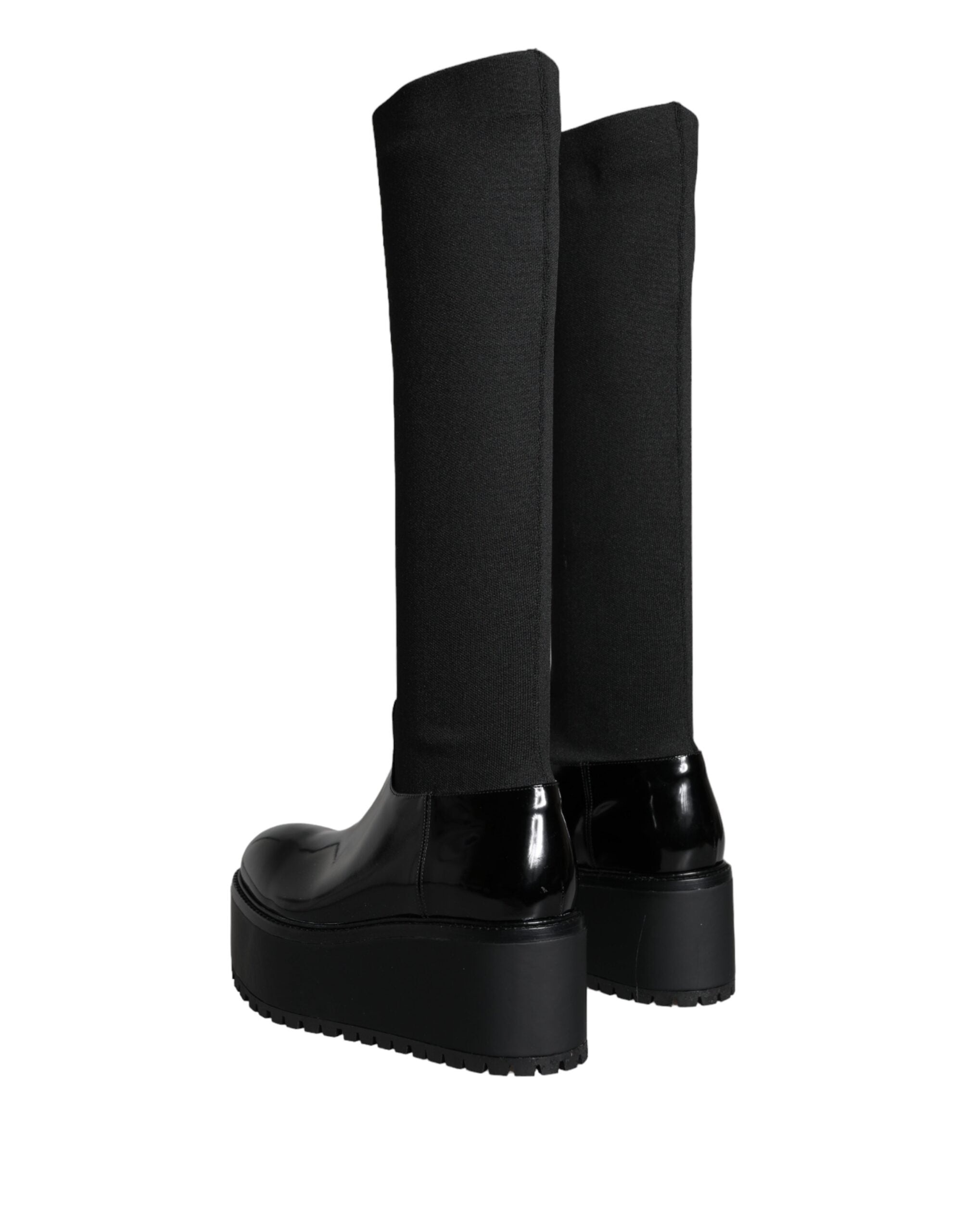 Dolce & Gabbana Black Leather Jersey Knee-High Boots Shoes-4