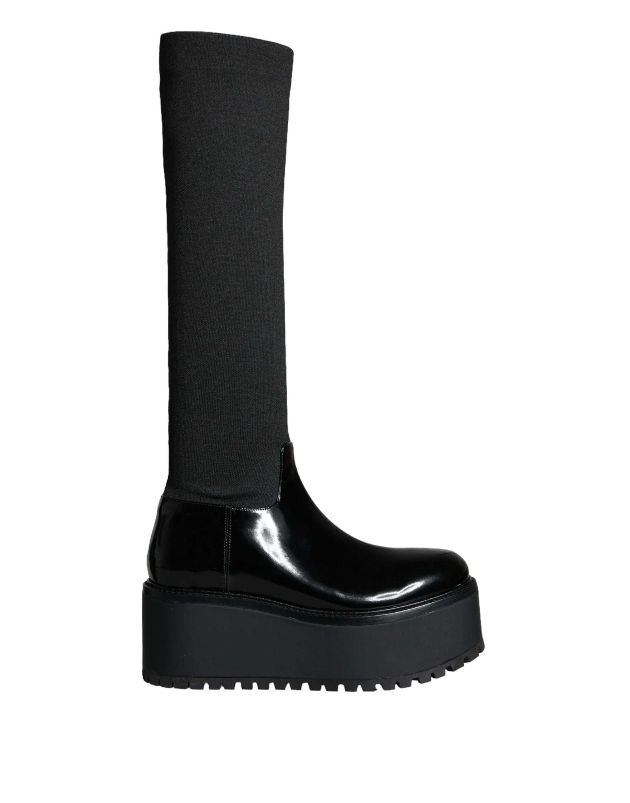 Dolce & Gabbana Black Leather Jersey Knee-High Boots Shoes-1
