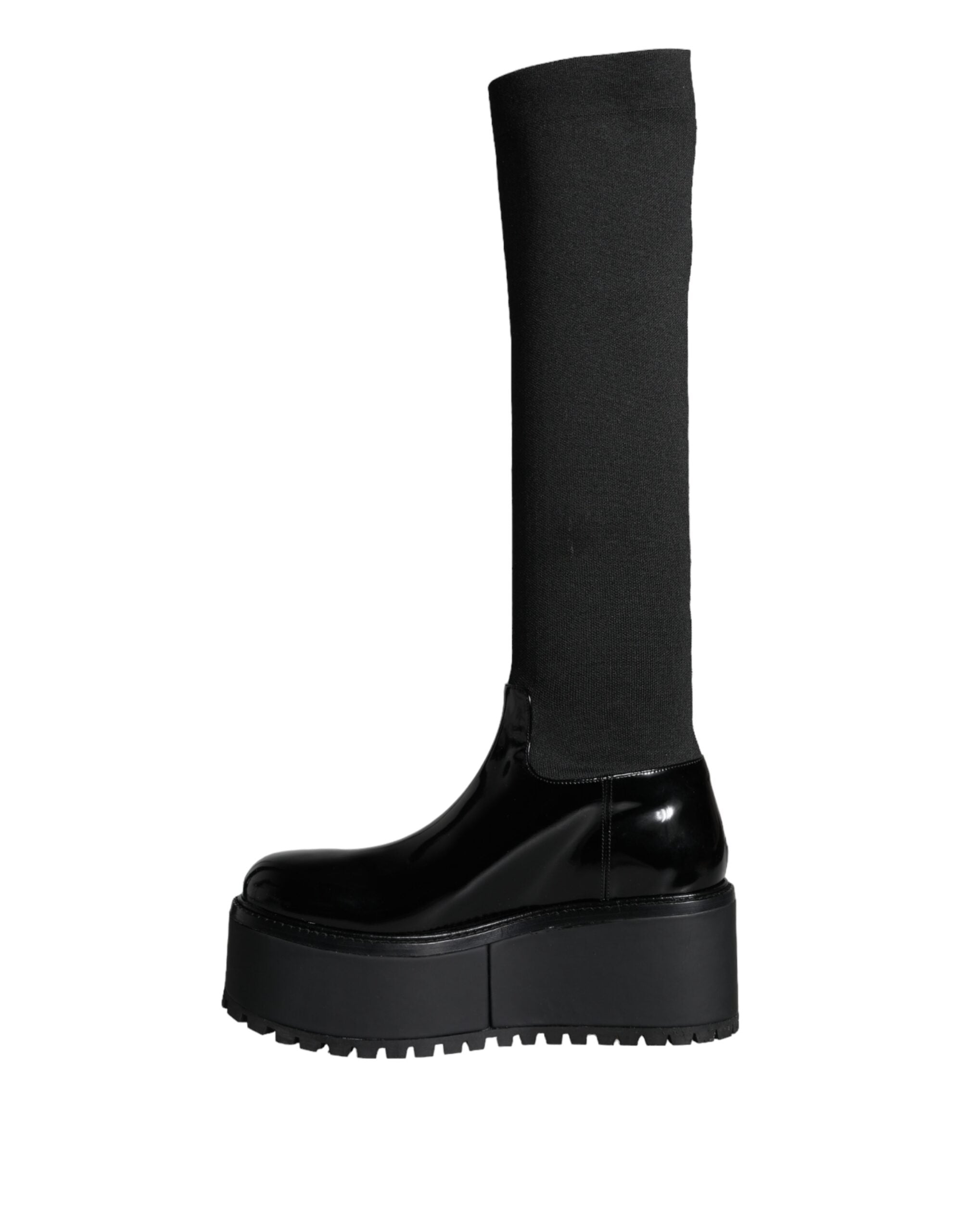Dolce & Gabbana Black Leather Jersey Knee-High Boots Shoes-5