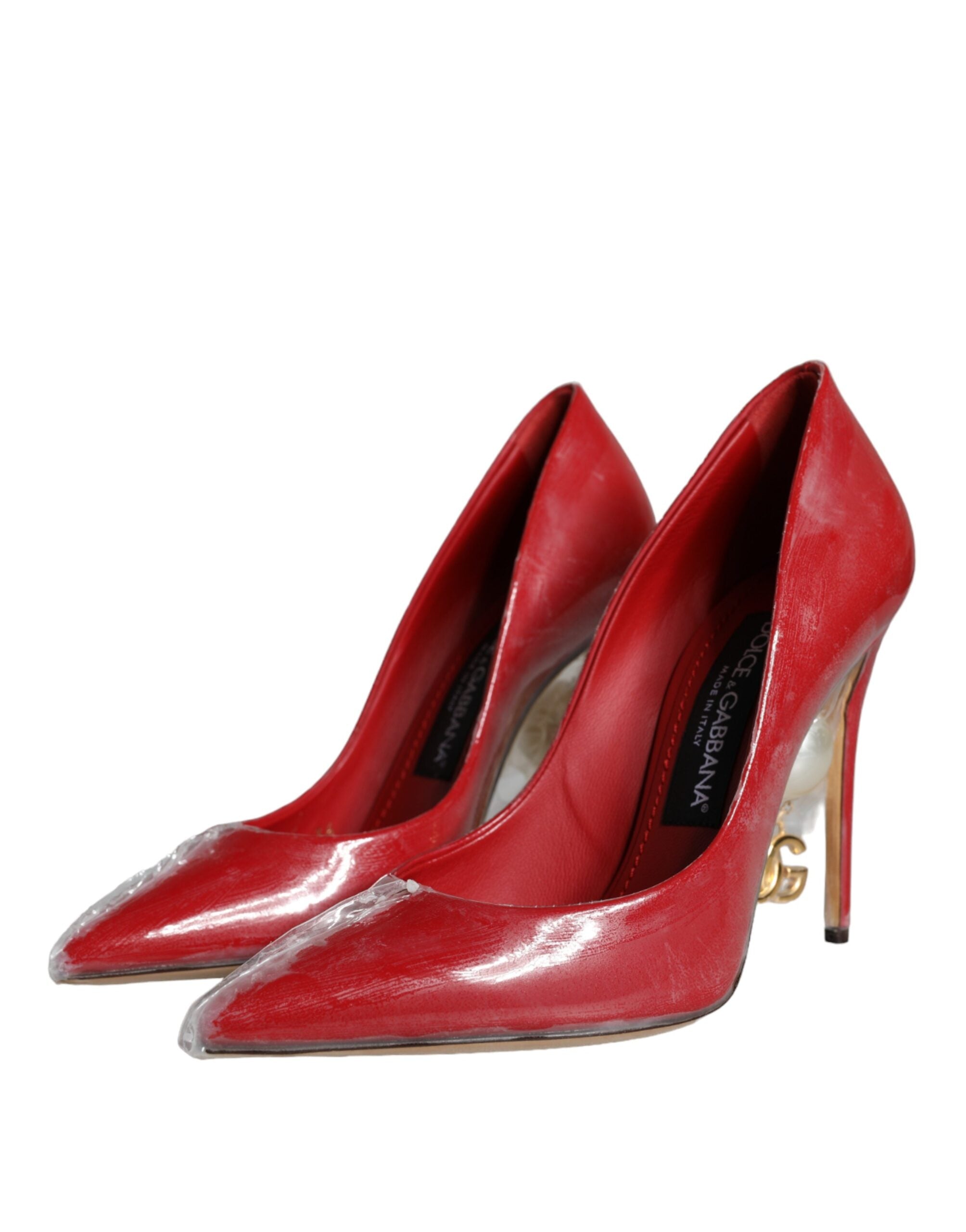 Dolce & Gabbana Red Patent Leather Faux Pearl Heels Pumps Shoes-3