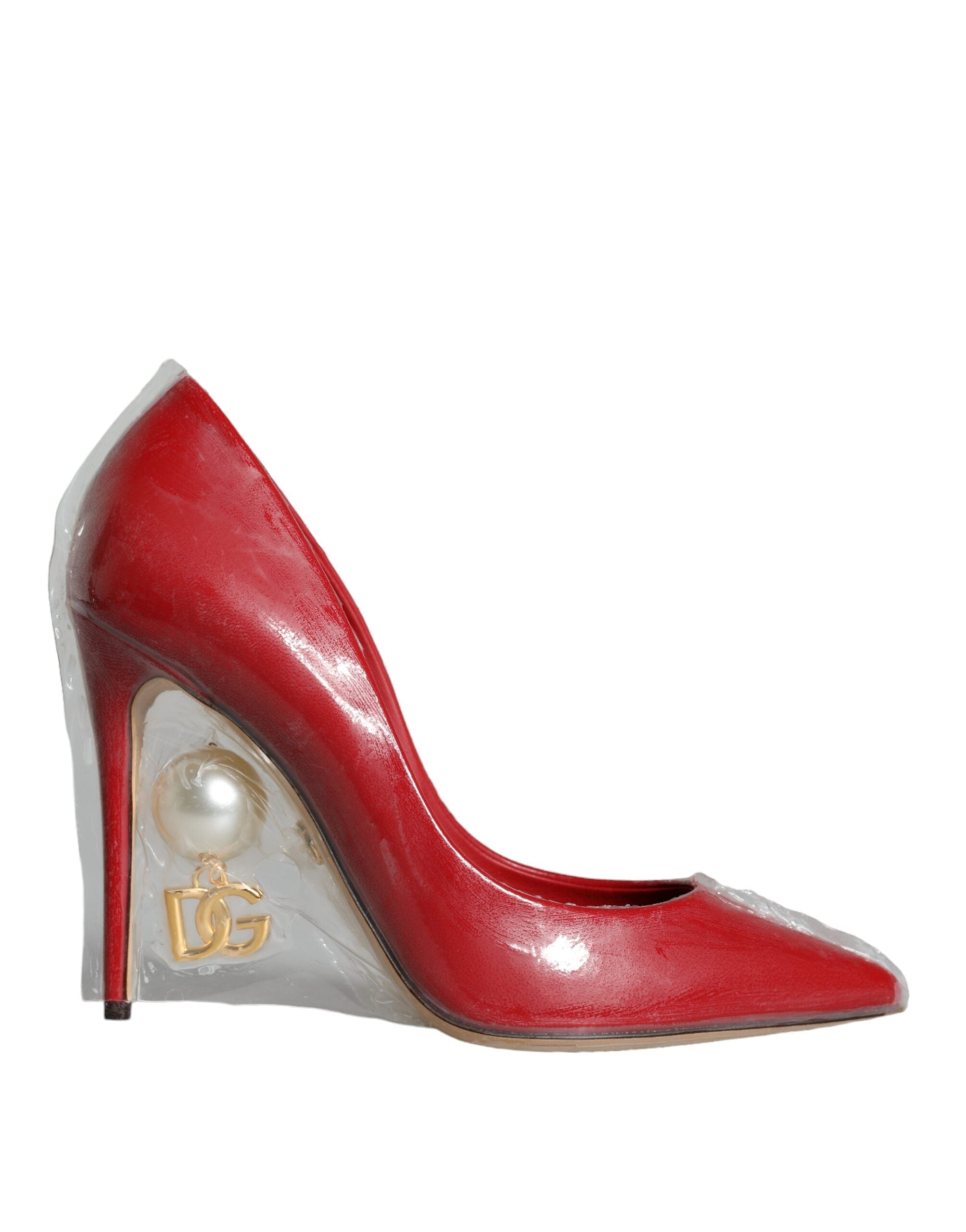 Dolce & Gabbana Red Patent Leather Faux Pearl Heels Pumps Shoes-1
