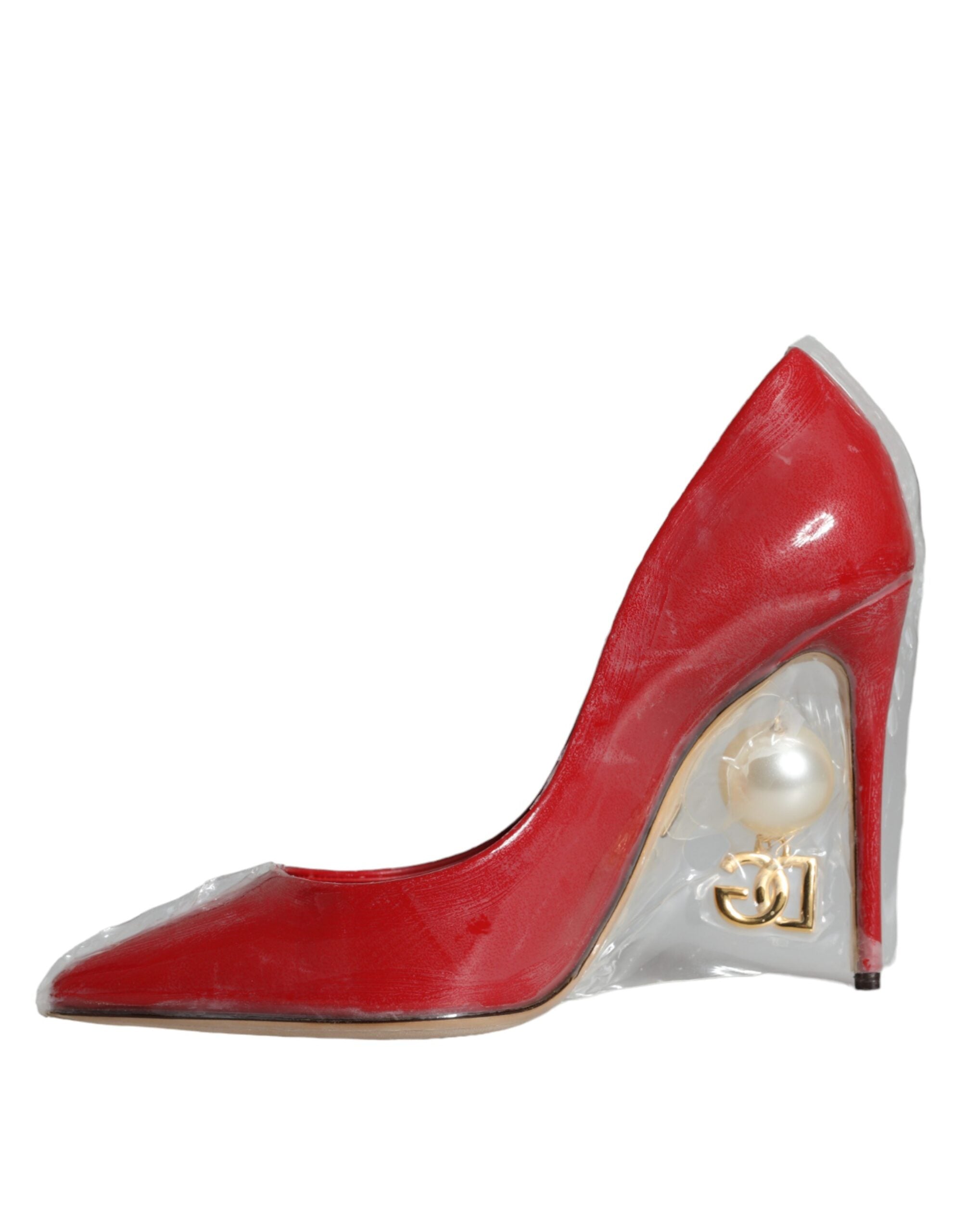 Dolce & Gabbana Red Patent Leather Faux Pearl Heels Pumps Shoes-4