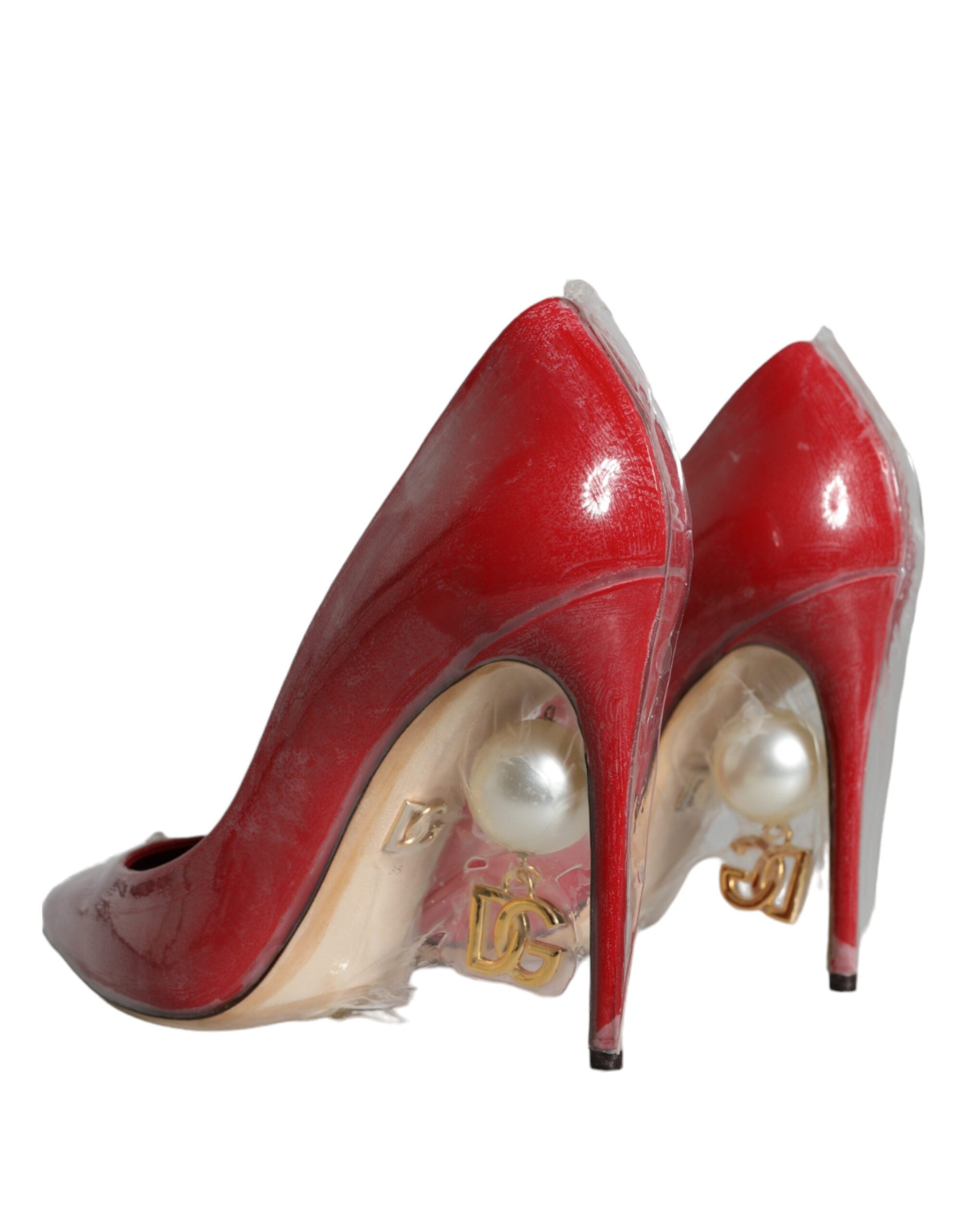 Dolce & Gabbana Red Patent Leather Faux Pearl Heels Pumps Shoes-5