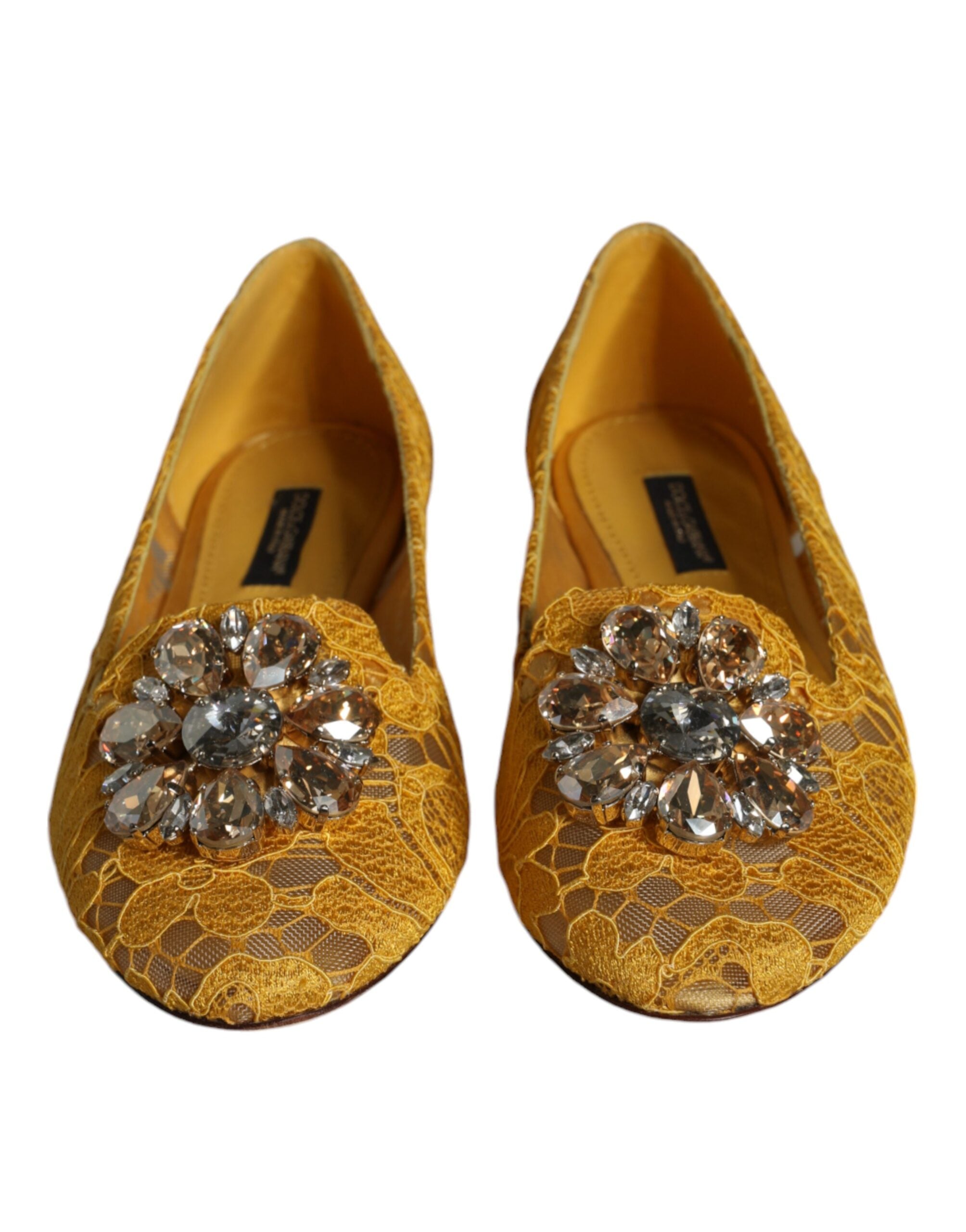 Dolce & Gabbana Mustard Lace Crystal Ballet Flats Loafers-2