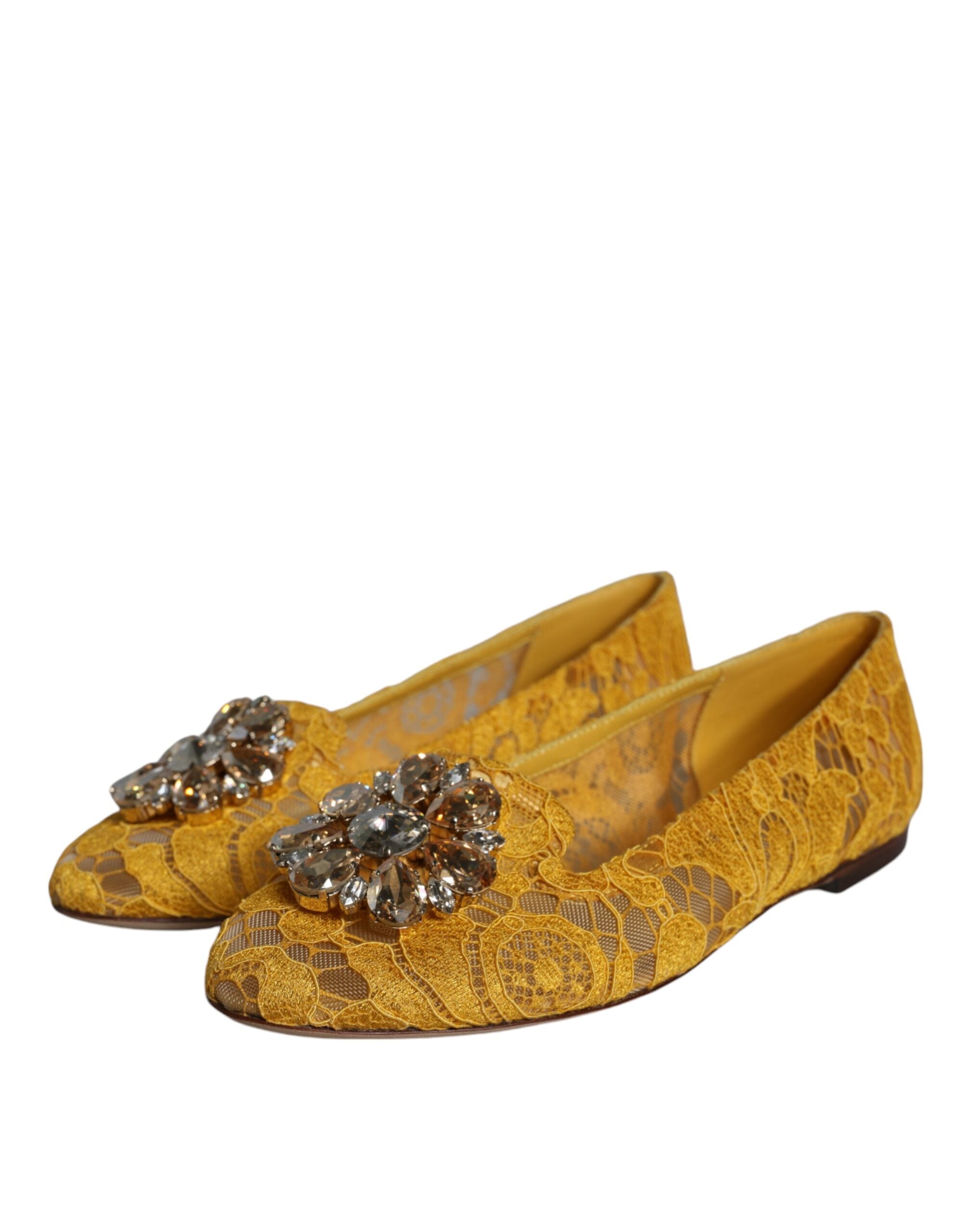 Dolce & Gabbana Mustard Lace Crystal Ballet Flats Loafers-3