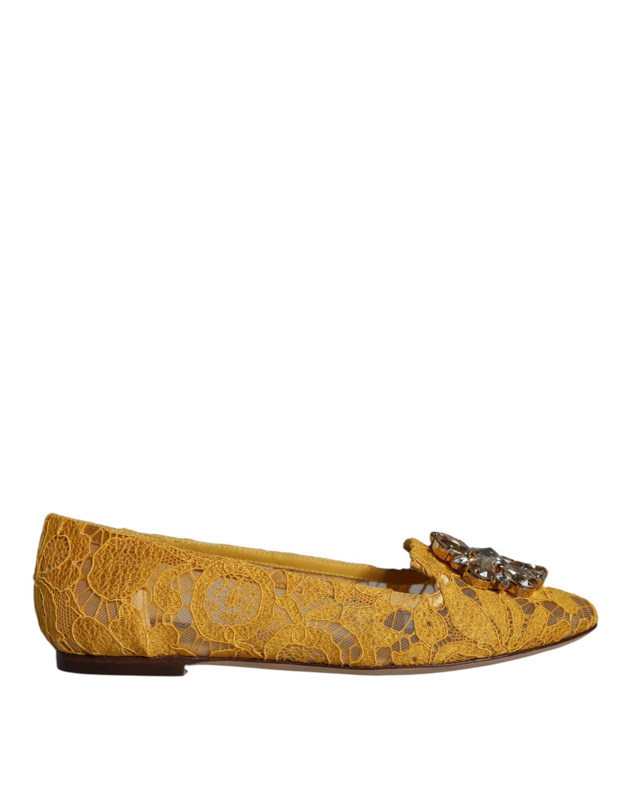Dolce & Gabbana Mustard Lace Crystal Ballet Flats Loafers-1