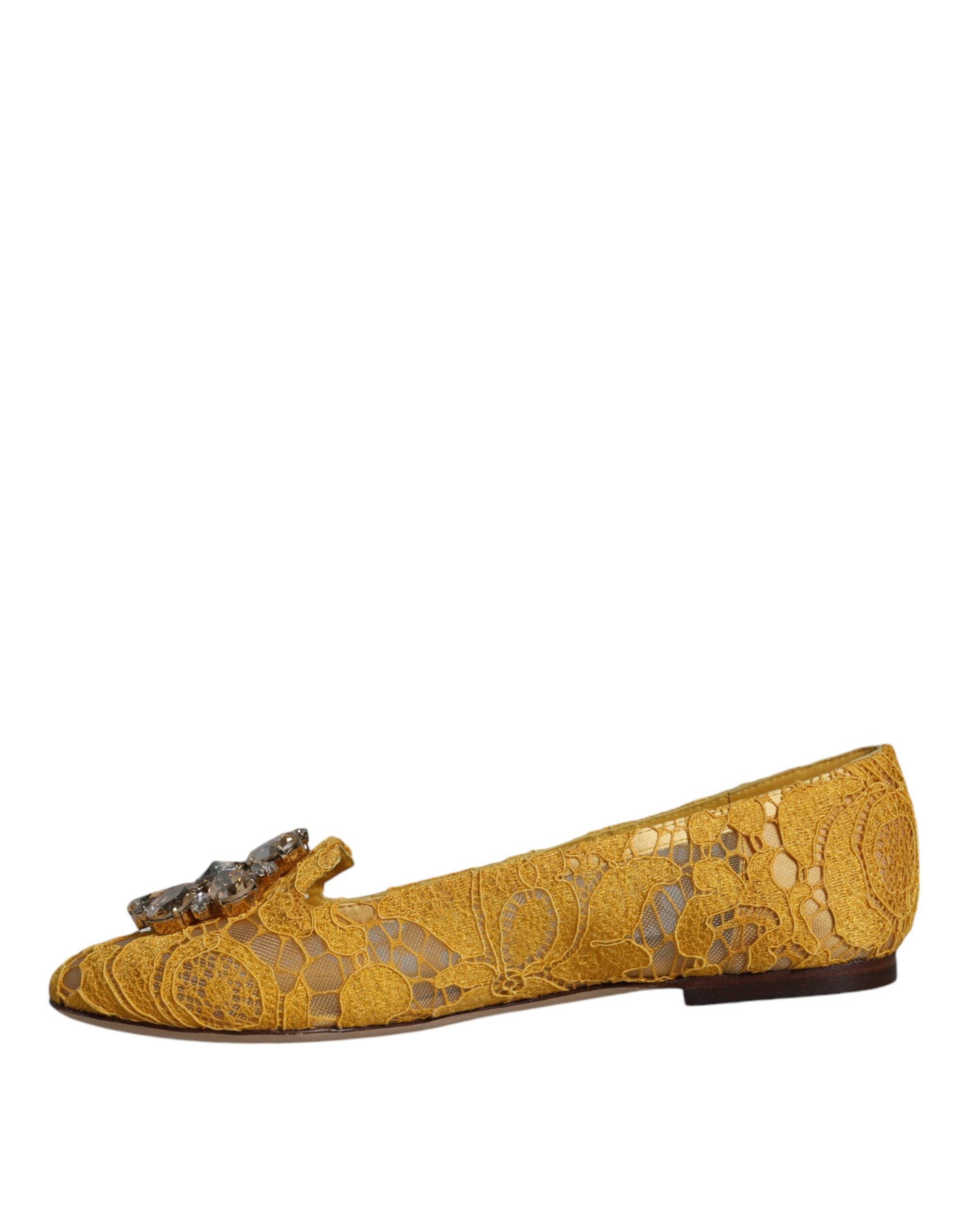 Dolce & Gabbana Mustard Lace Crystal Ballet Flats Loafers-4