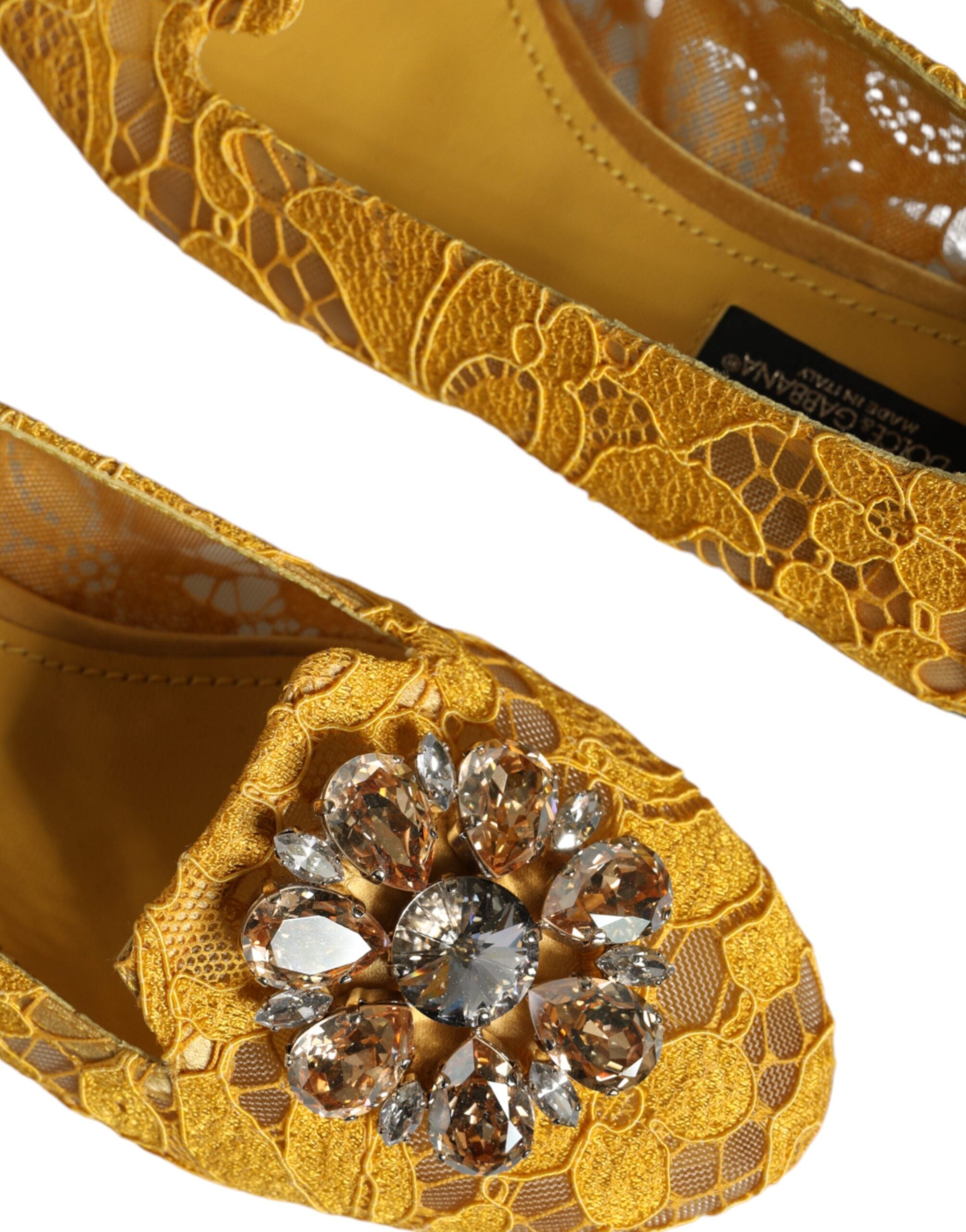 Dolce & Gabbana Mustard Lace Crystal Ballet Flats Loafers-7