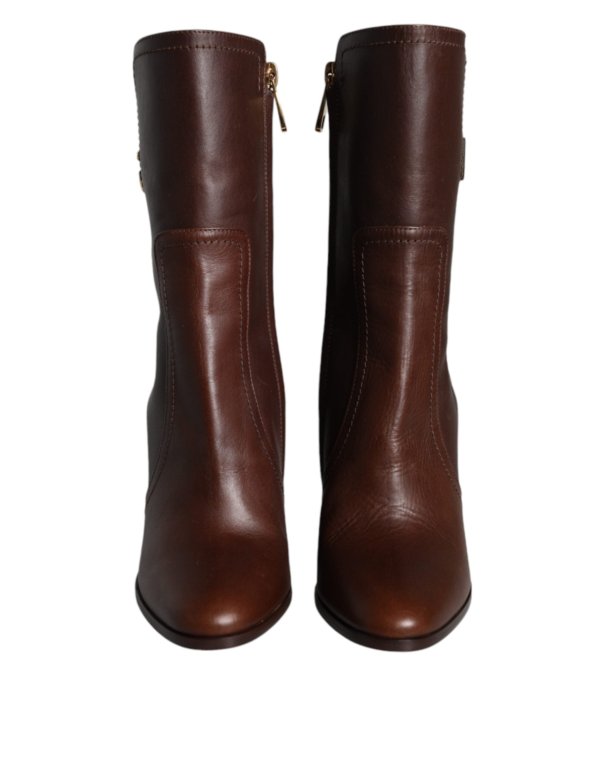 Dolce & Gabbana Brown Leather Heeled Mid Calf Boots Shoes-2