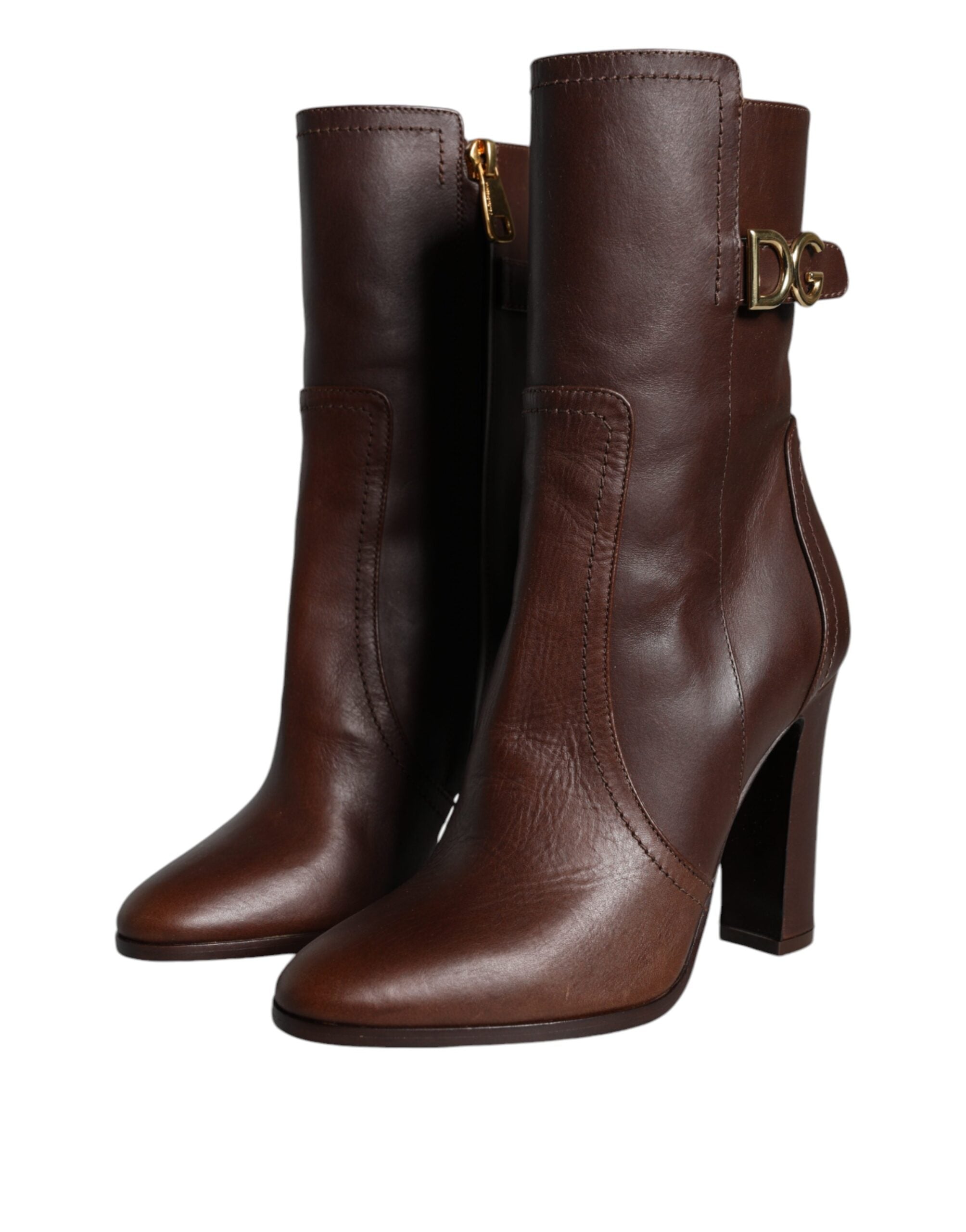 Dolce & Gabbana Brown Leather Heeled Mid Calf Boots Shoes-3