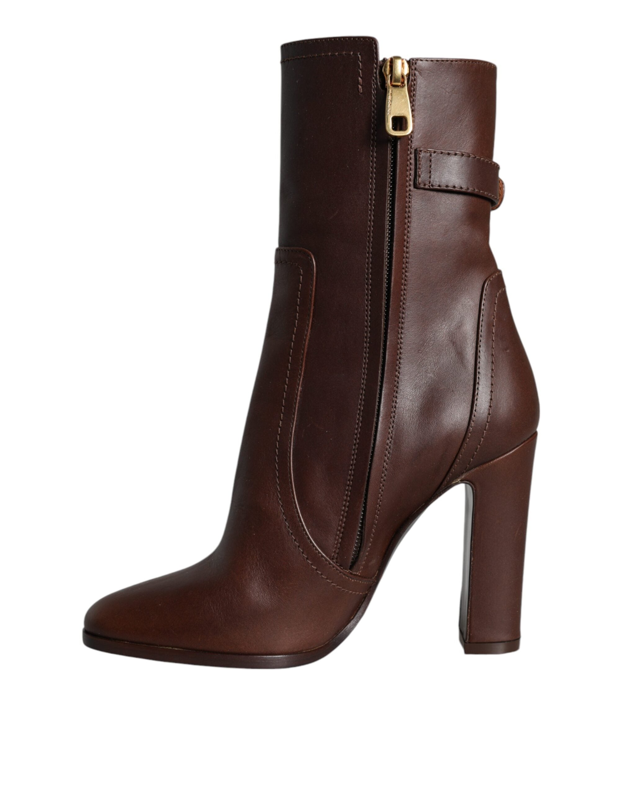 Dolce & Gabbana Brown Leather Heeled Mid Calf Boots Shoes-4
