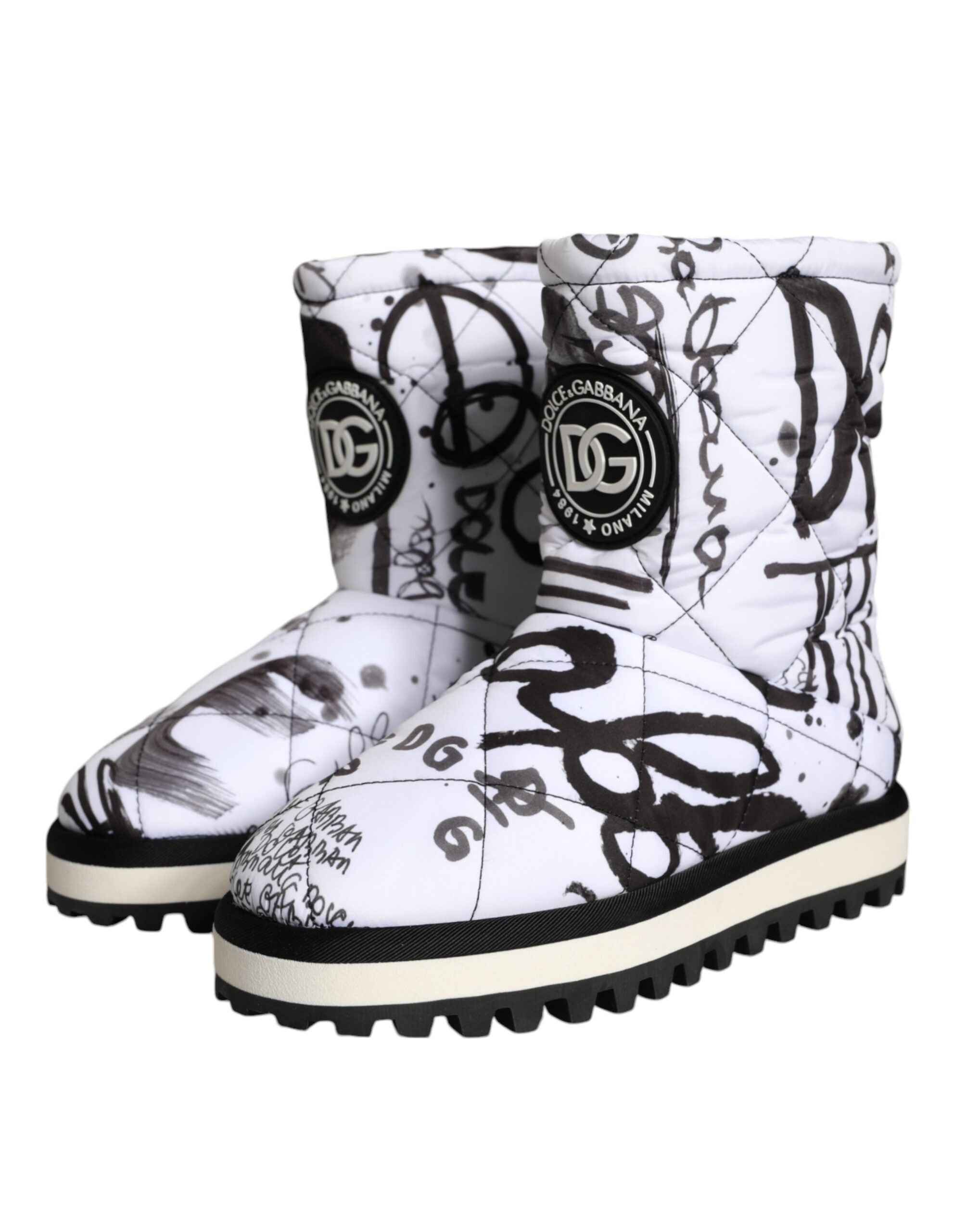 Dolce & Gabbana White Padded Logo Print Mid Calf Boots Shoes-3