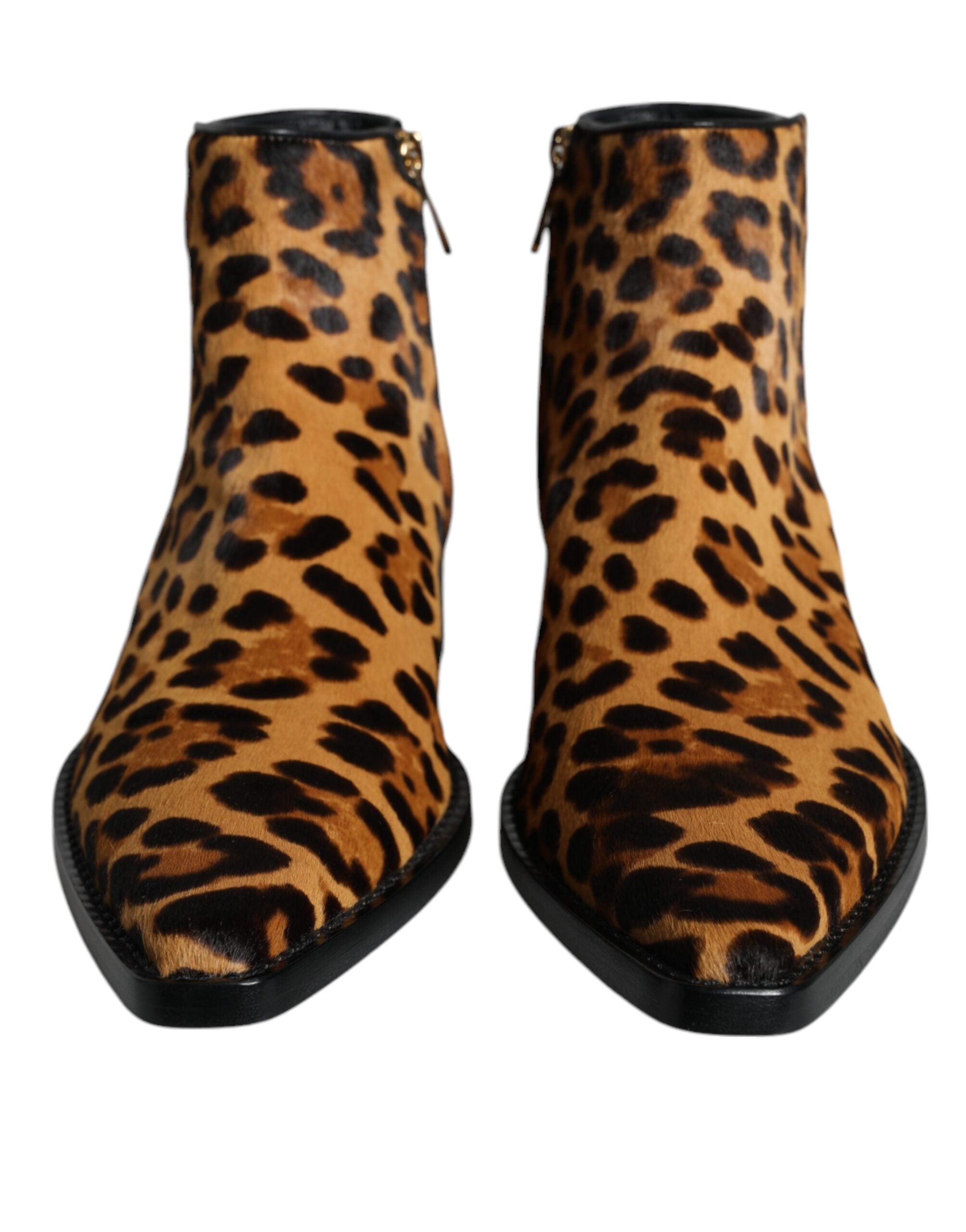 Dolce & Gabbana Brown Leopard Calf Fur Ankle Boots Shoes-2