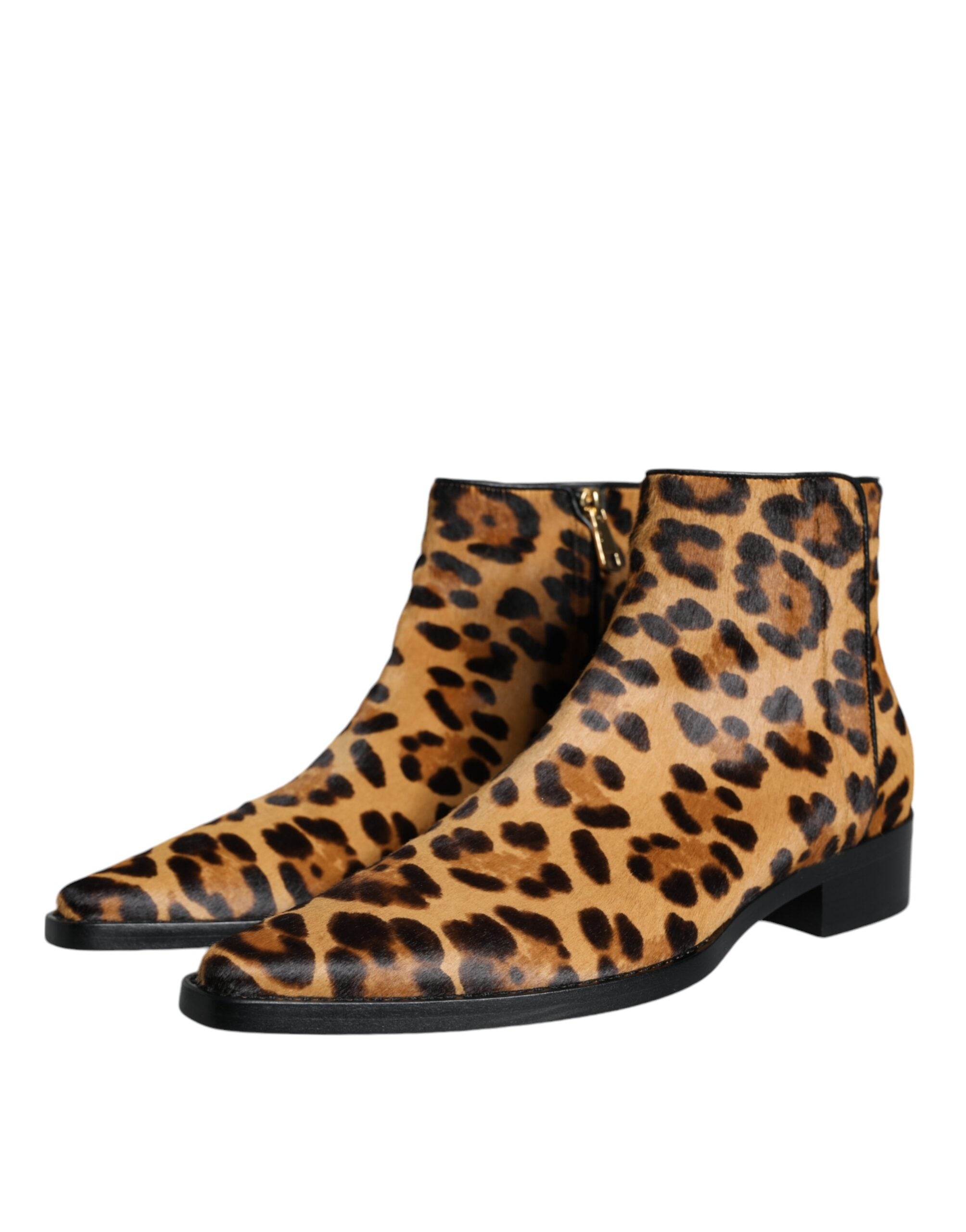 Dolce & Gabbana Brown Leopard Calf Fur Ankle Boots Shoes-3