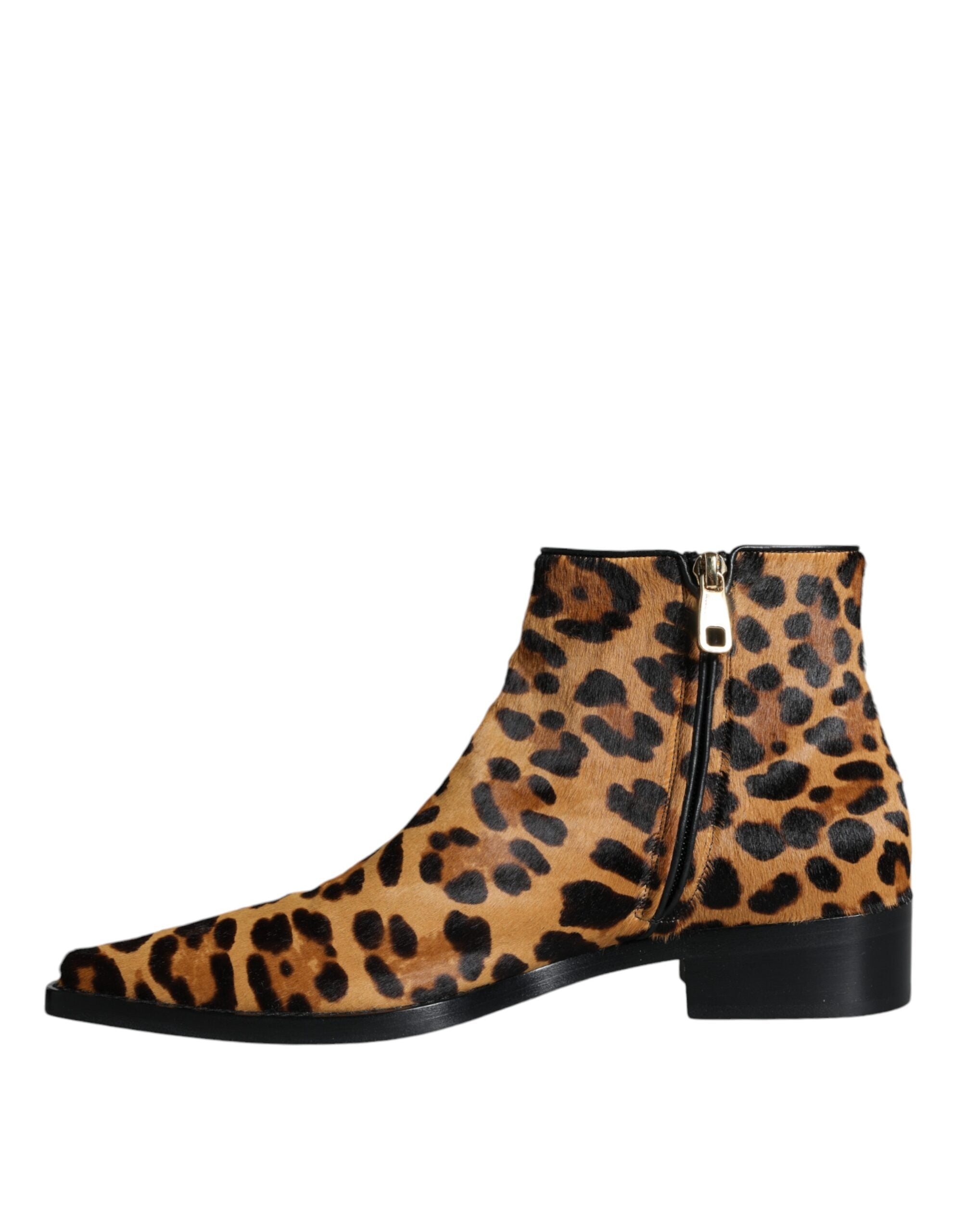 Dolce & Gabbana Brown Leopard Calf Fur Ankle Boots Shoes-4
