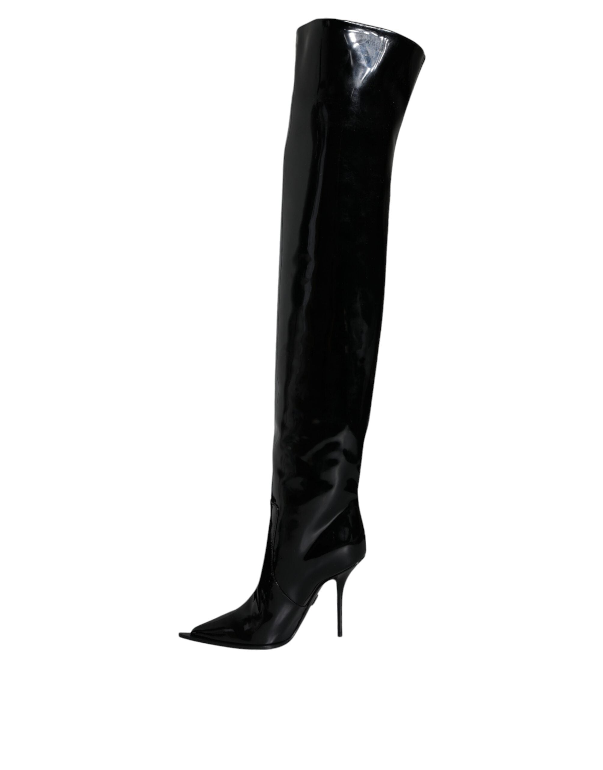 Dolce & Gabbana Schwarze Lackleder Kniehohe Stiefel Schuhe-6