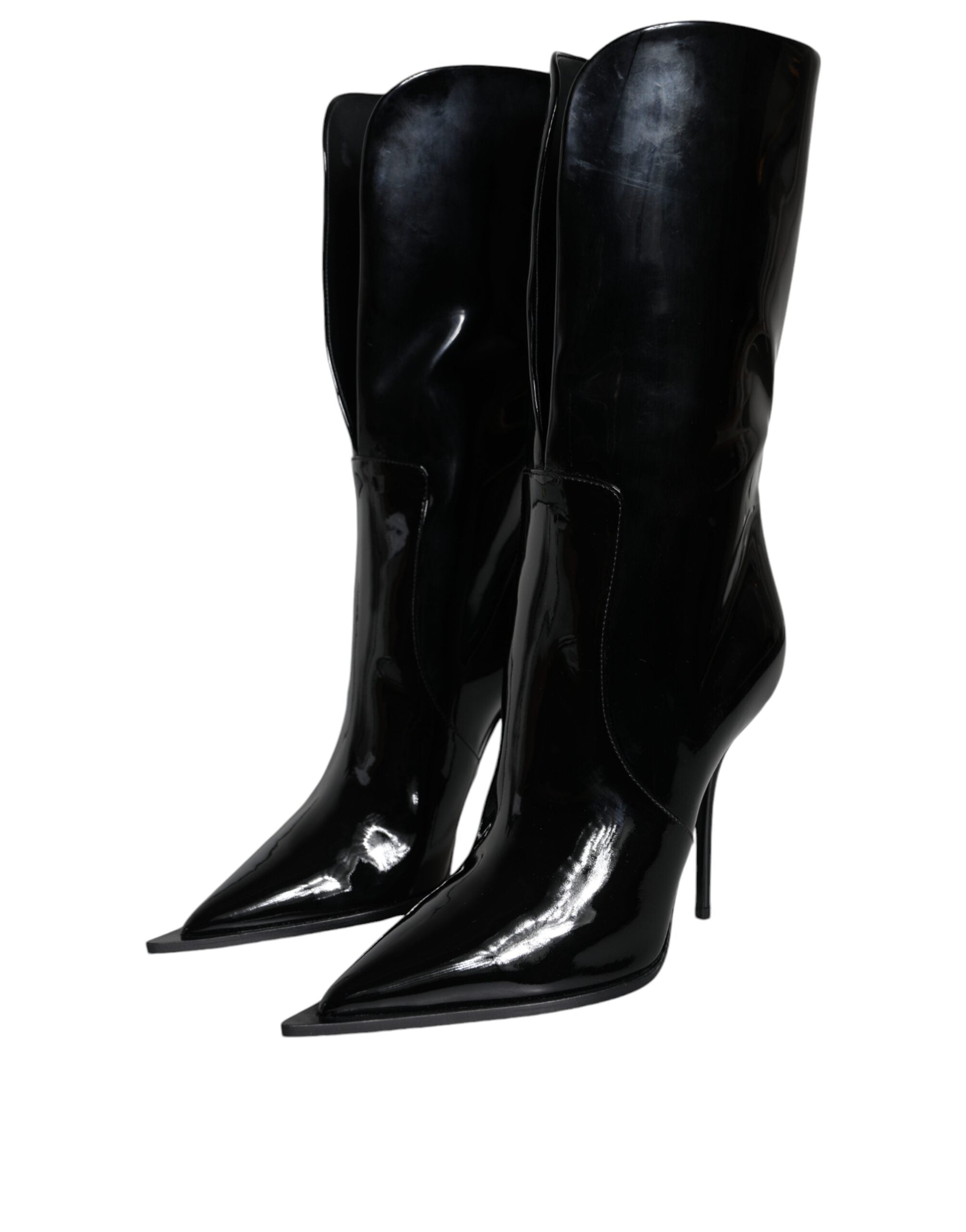 Dolce & Gabbana Schwarze Lackleder Mid Calf Stiefel Schuhe-3