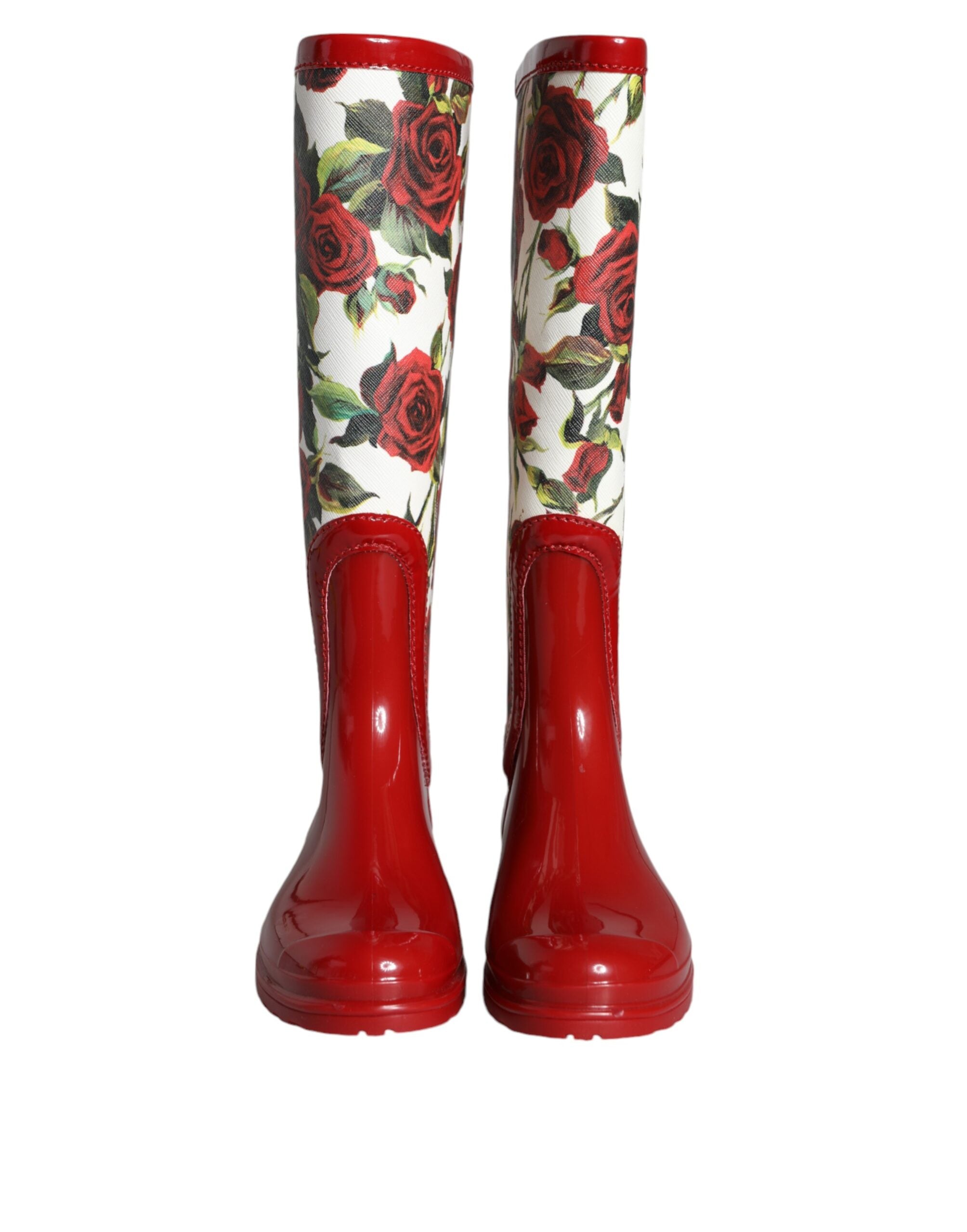 Dolce & Gabbana red floral knee-high flat rubber boots shoes-2